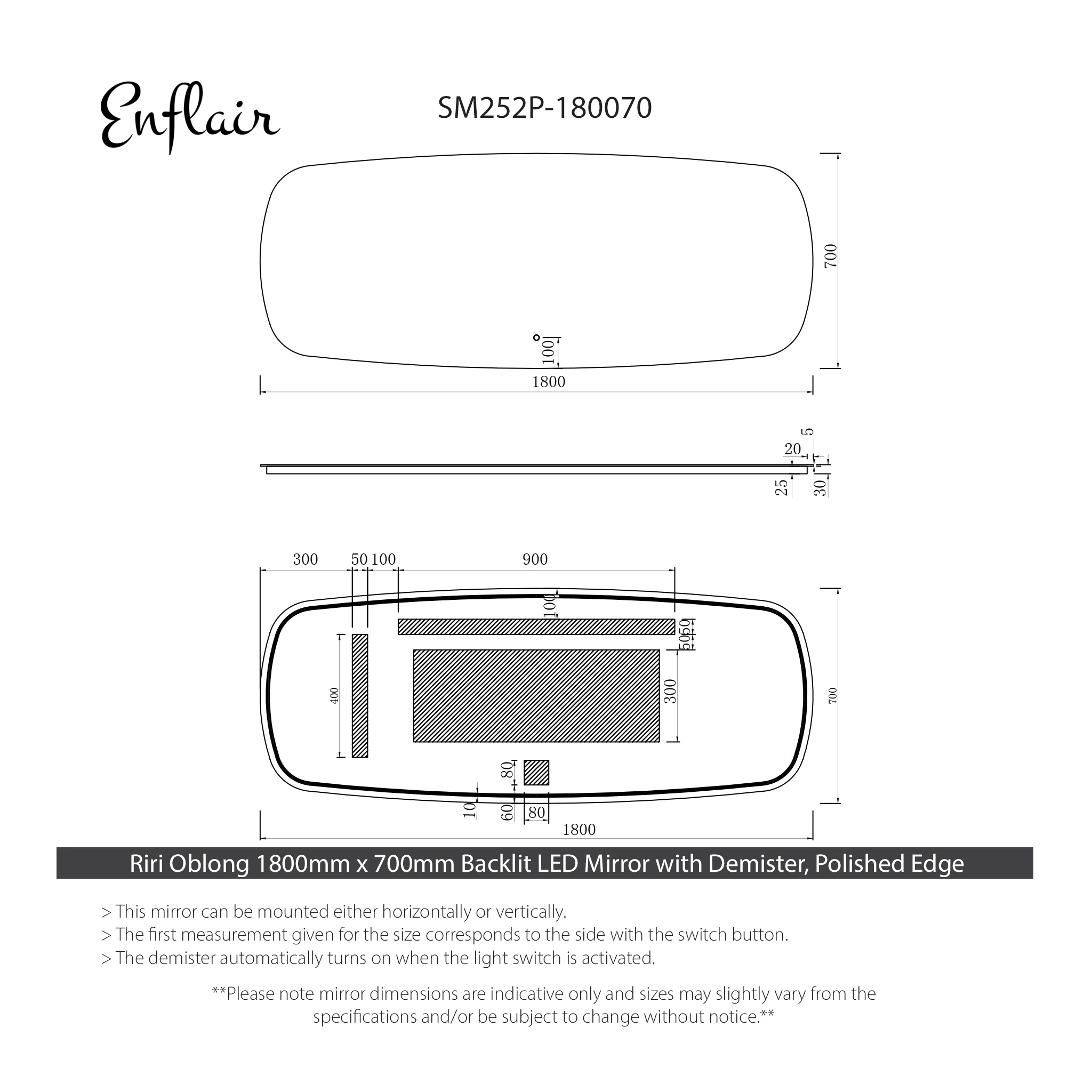 Riri Oblong 1800mm x 700mm Backlit LED Frameless Mirror with Demister, Polished Edge - Image 3