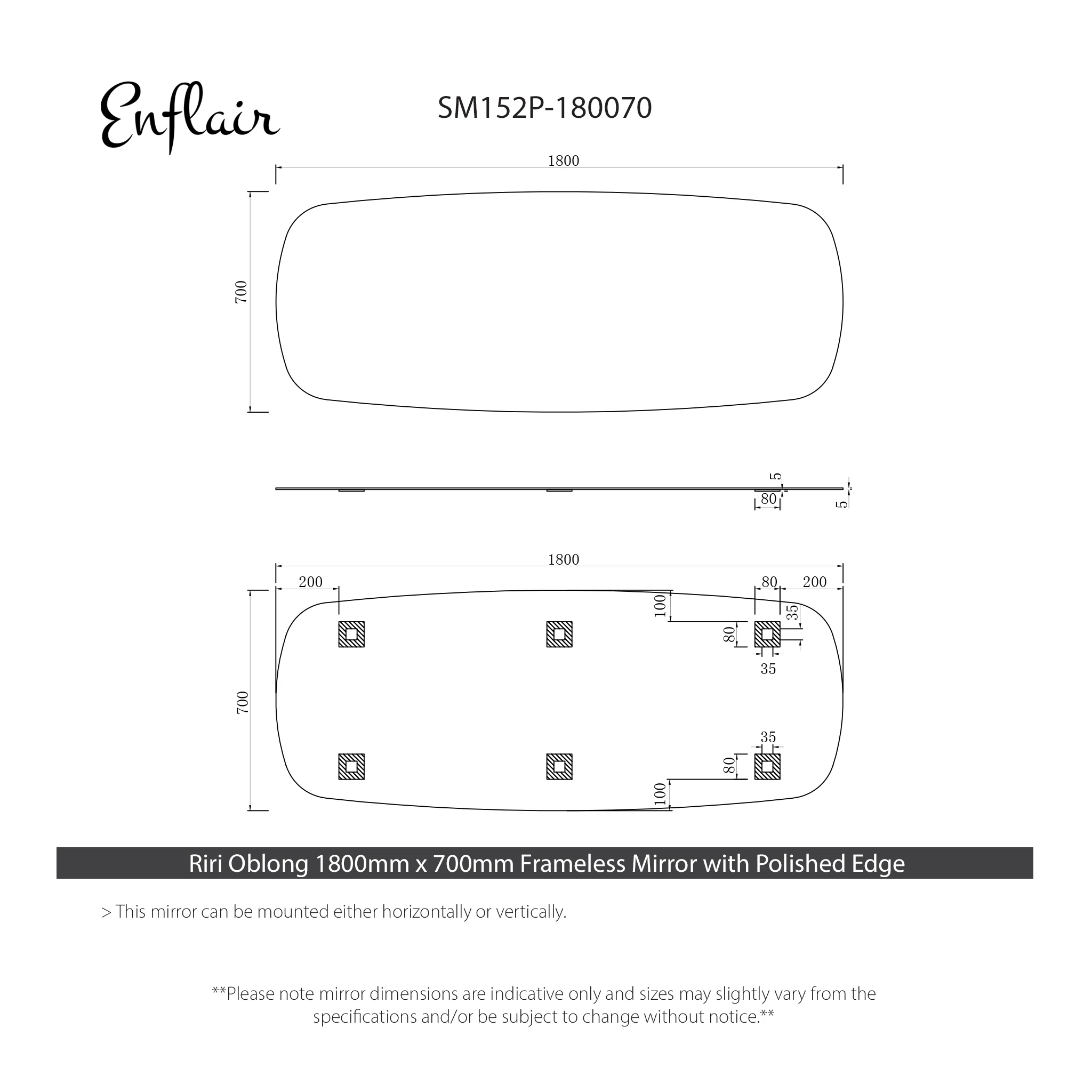*Clearance* Riri Oblong 1800mm x 700mm Frameless Mirror with Polished Edge - Image 3