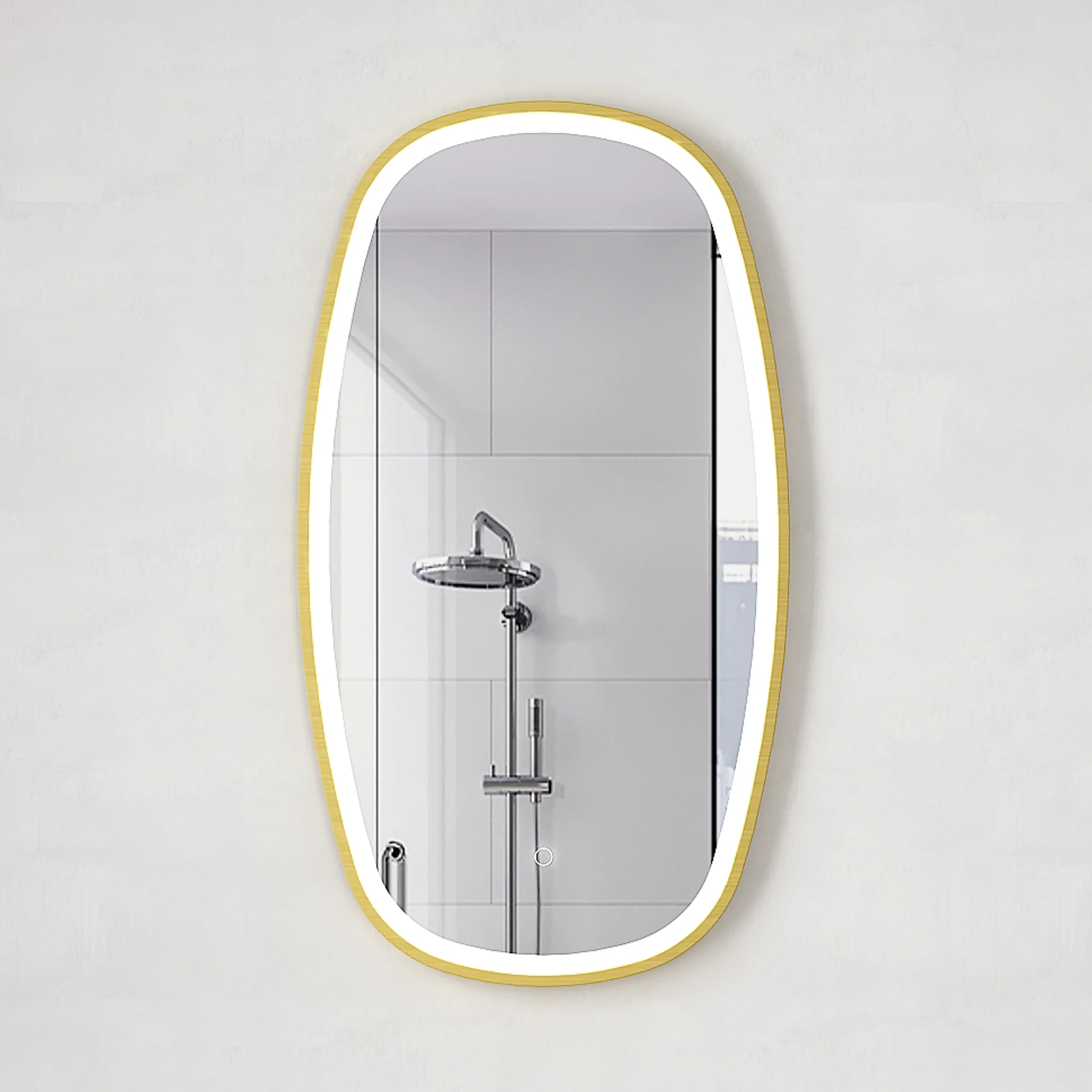 *Clearance* Riri Oblong 500mm x 900mm Frontlit LED Framed Mirror with Demister, Brushed Brass (Gold) Frame