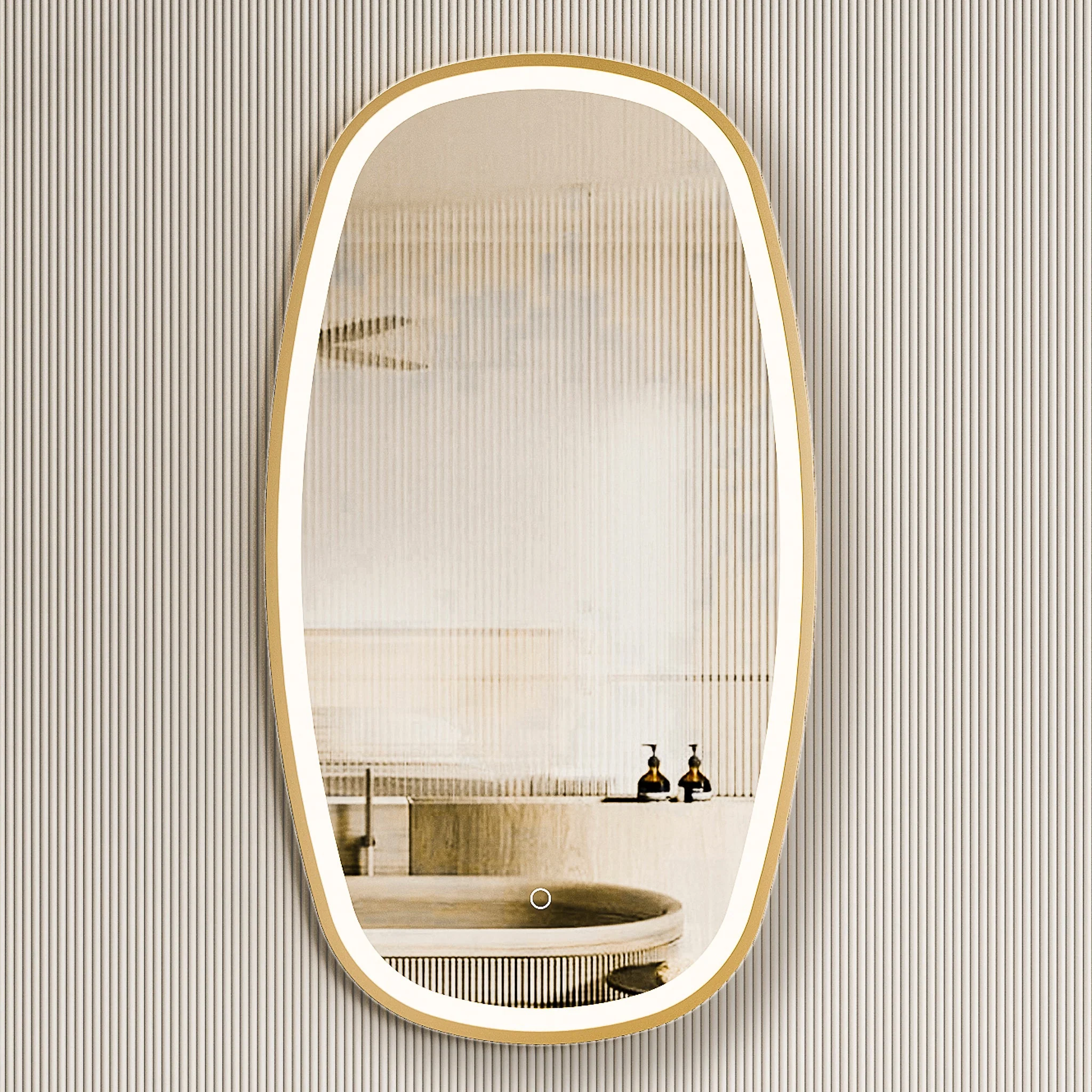 *Clearance* Riri Oblong 500mm x 900mm Frontlit LED Framed Mirror with Demister, Brushed Brass (Gold) Frame - Image 2