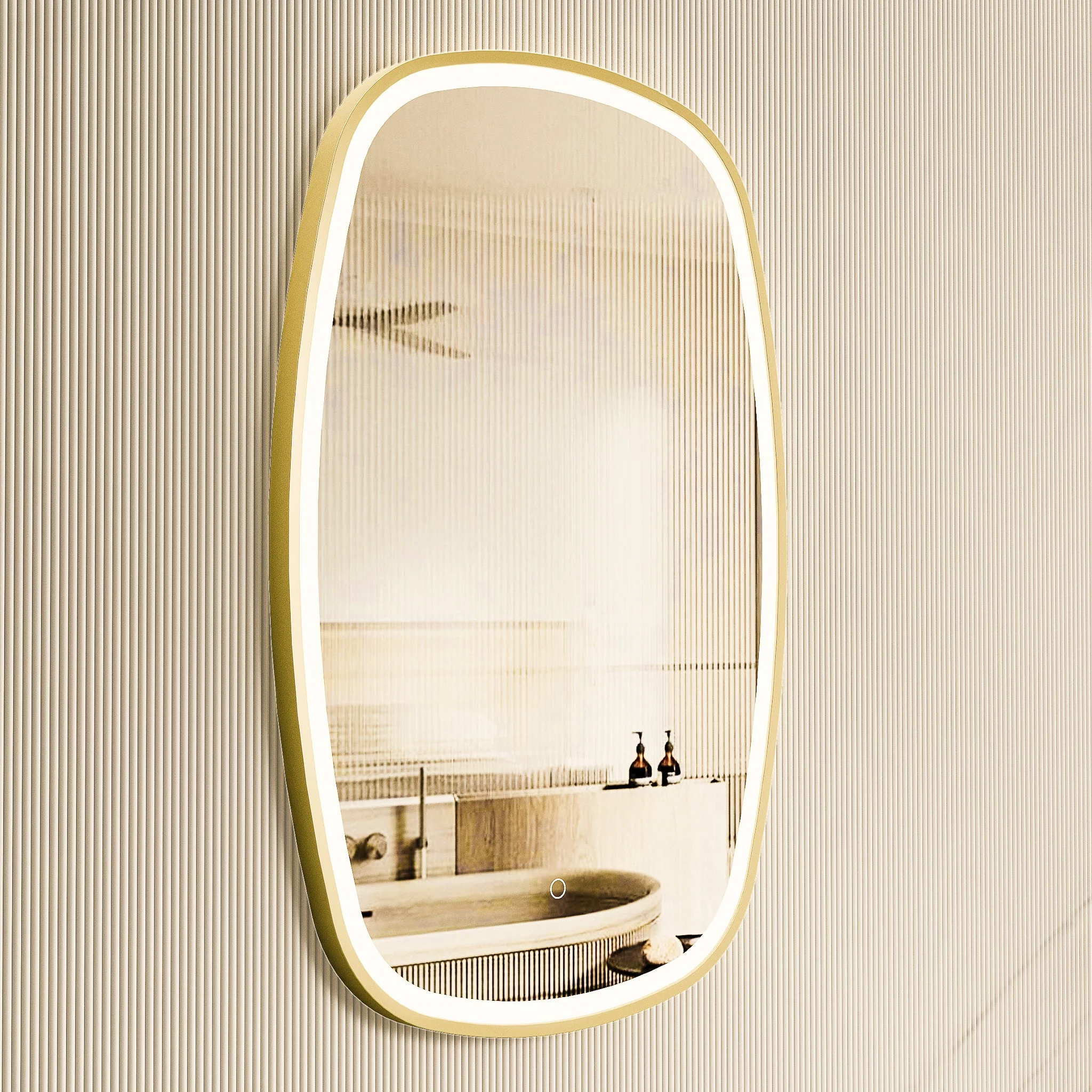 *Clearance* Riri Oblong 500mm x 900mm Frontlit LED Framed Mirror with Demister, Brushed Brass (Gold) Frame - Image 3