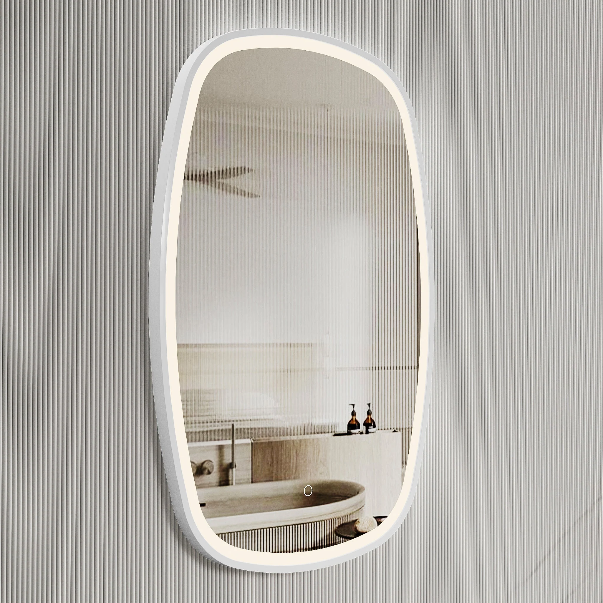 *Clearance* Riri Oblong 500mm x 900mm Frontlit LED Framed Mirror with Demister, Matte White Frame - Image 3