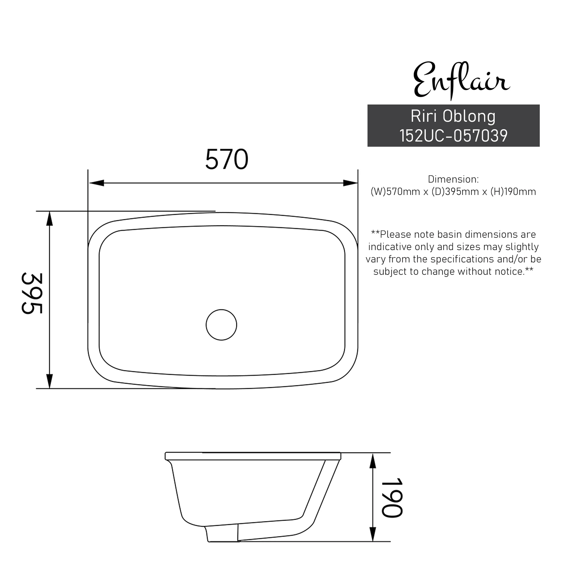 Riri Oblong 570mm x 395mm Under-Counter Basin with Overflow, Gloss White - Image 9