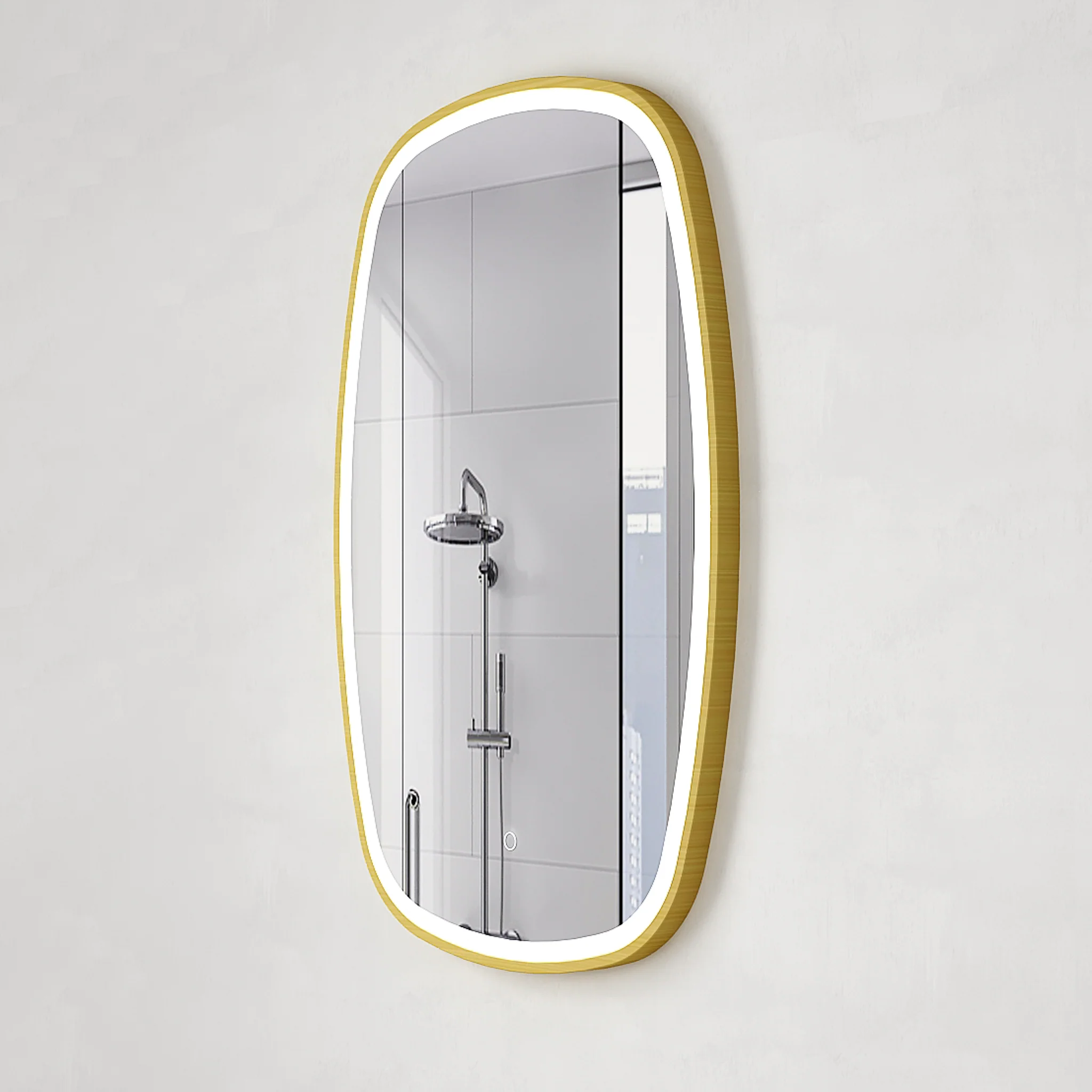 *Clearance* Riri Oblong 600mm x 900mm Frontlit LED Framed Mirror with Demister, Brushed Brass (Gold) Frame