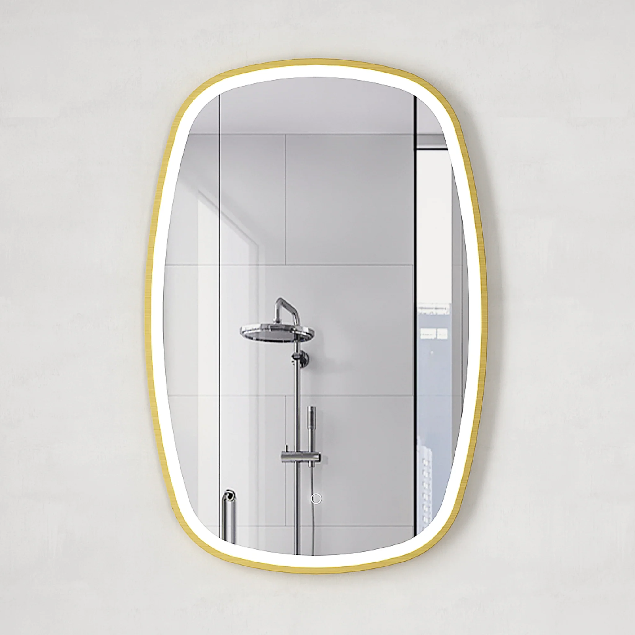 *Clearance* Riri Oblong 600mm x 900mm Frontlit LED Framed Mirror with Demister, Brushed Brass (Gold) Frame - Image 2