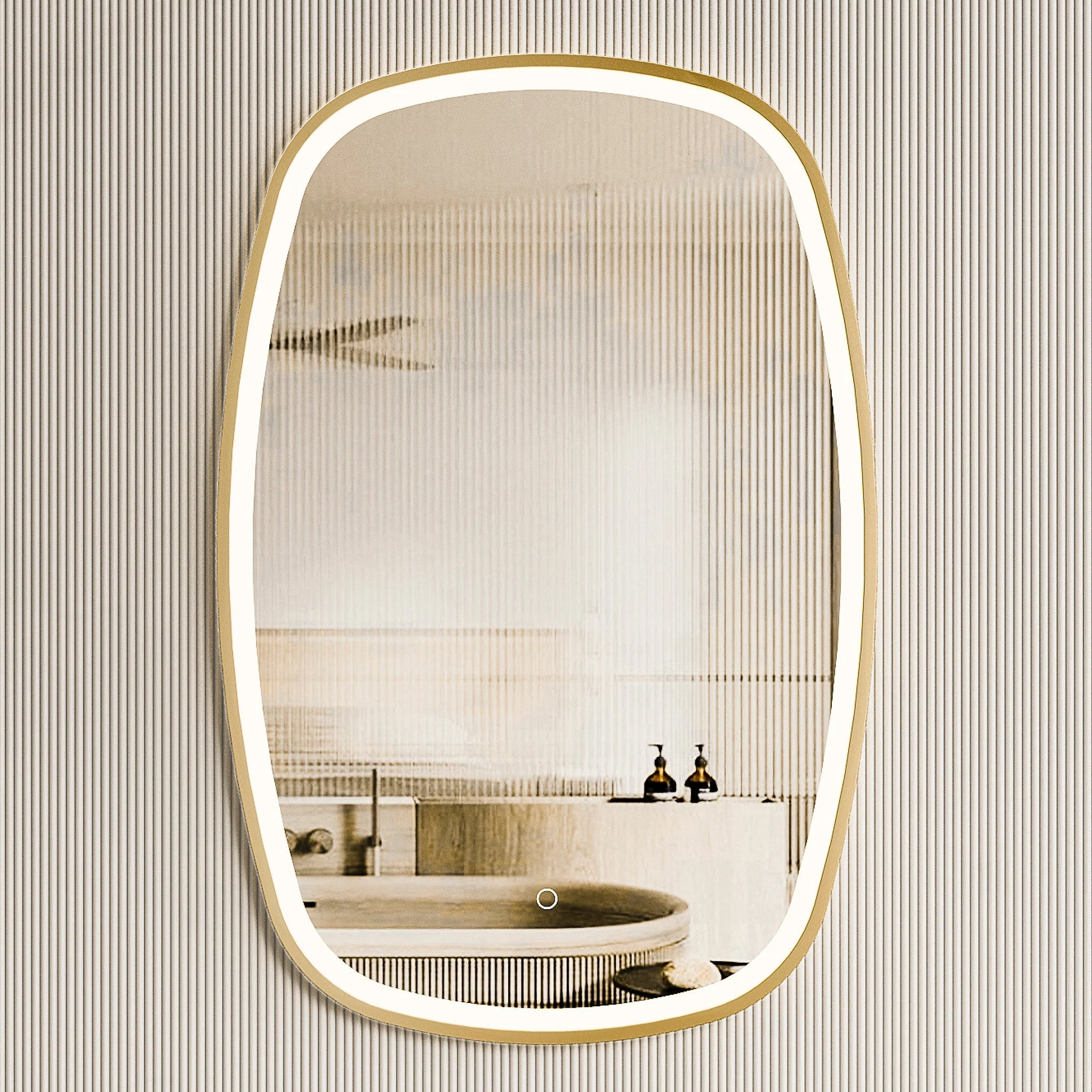*Clearance* Riri Oblong 600mm x 900mm Frontlit LED Framed Mirror with Demister, Brushed Brass (Gold) Frame - Image 4
