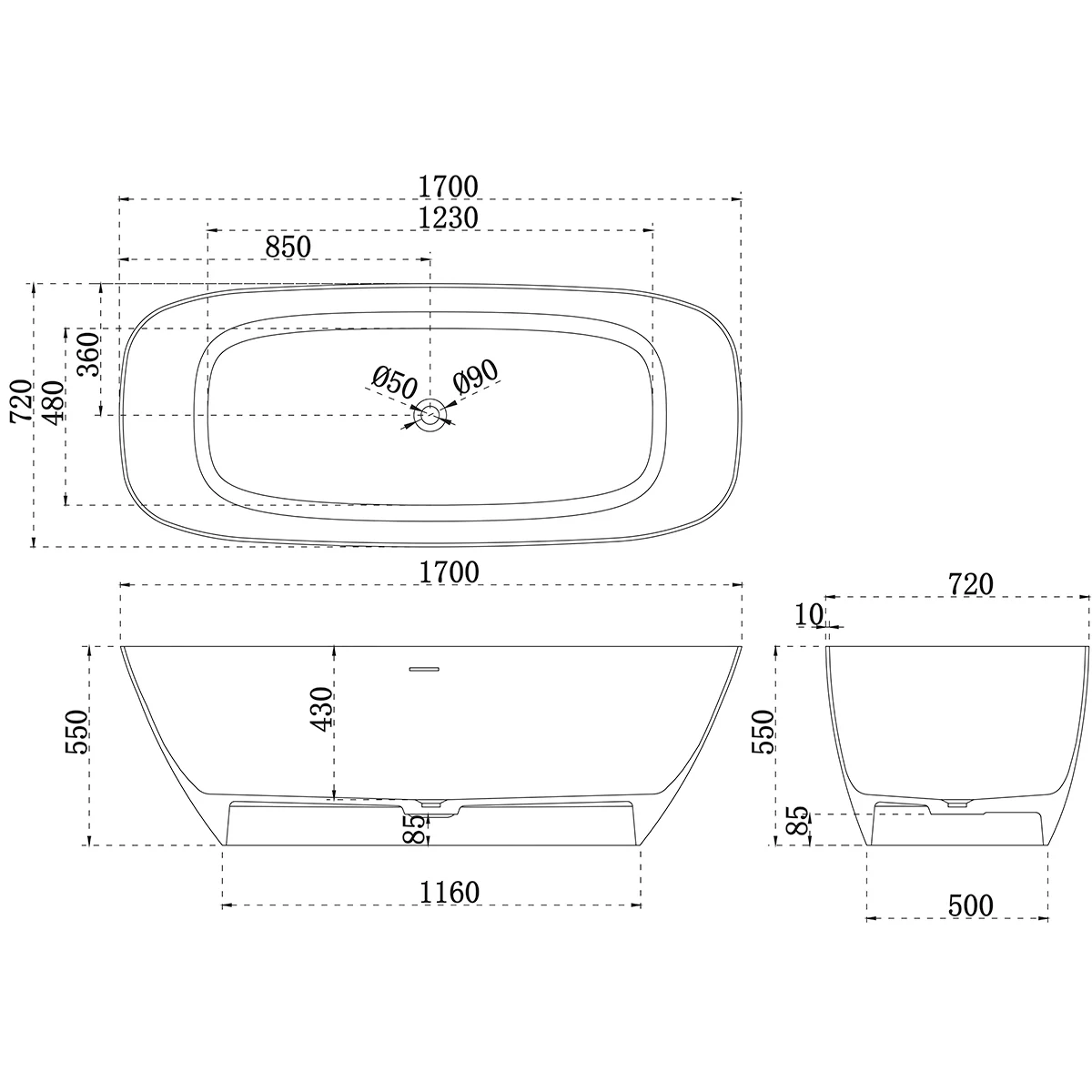 Rolo Soft Square 1700mm Artificial Stone Freestanding Bath, Matte White - Image 4