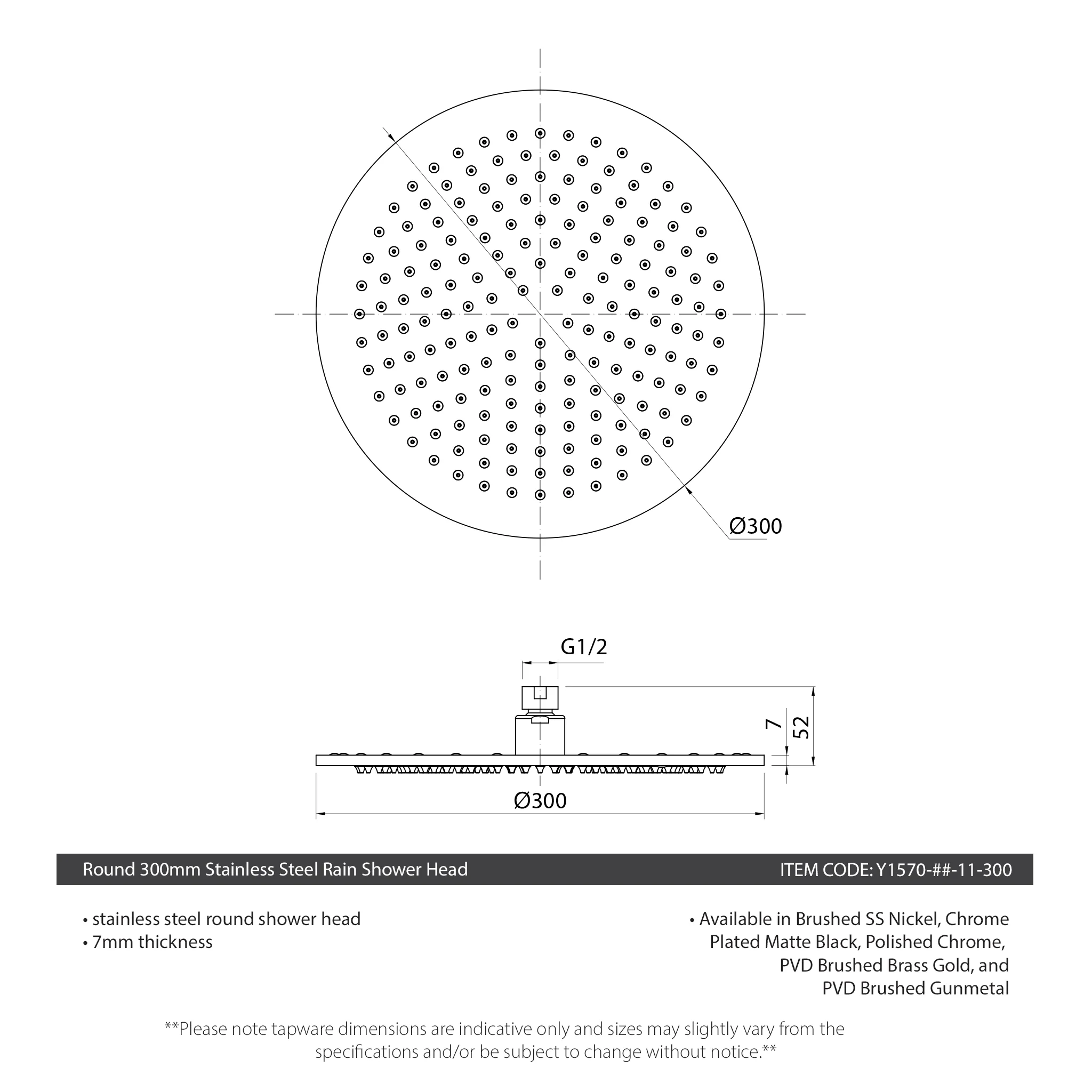 Round 300mm Stainless Steel Rain Shower Head, Brushed Nickel - Image 5