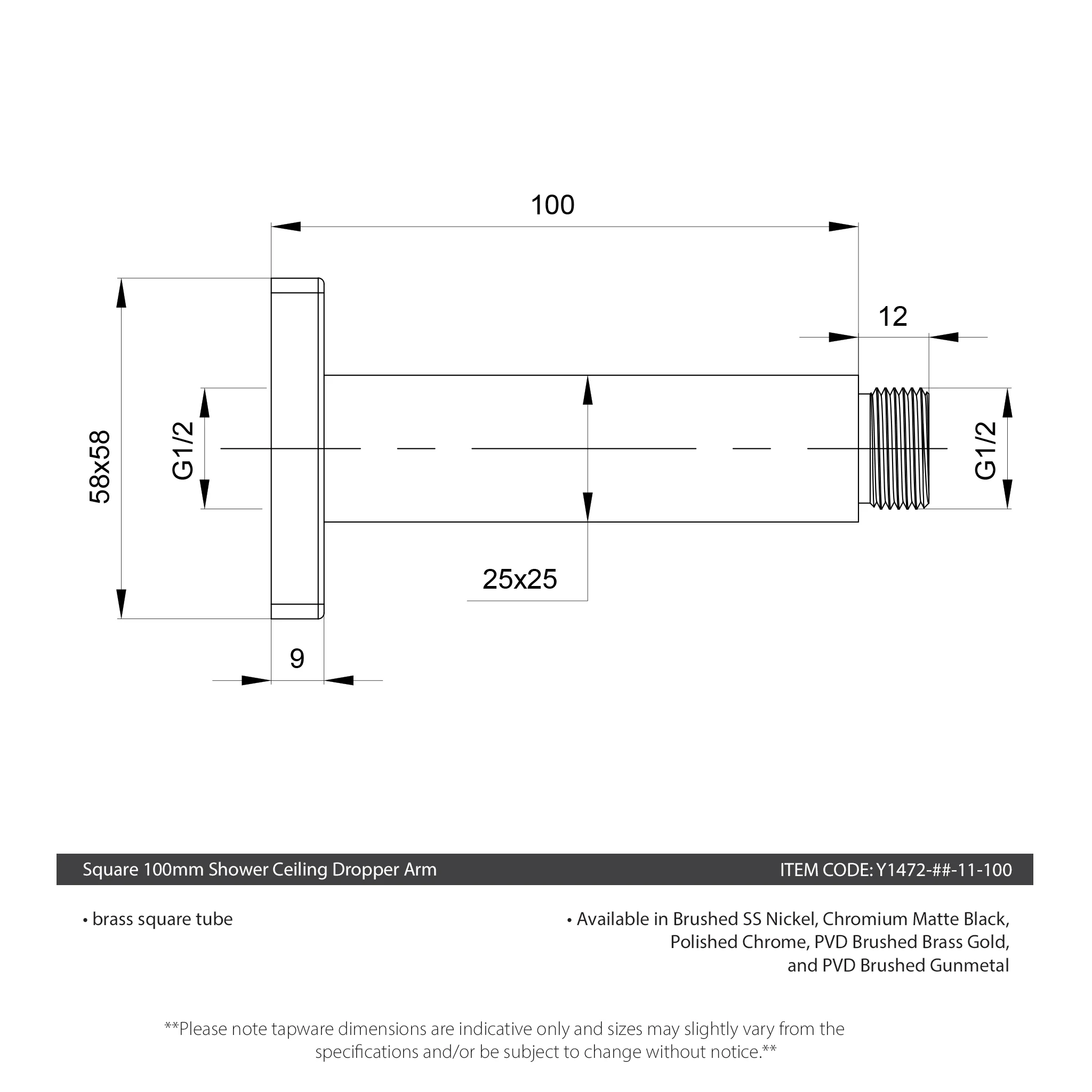 Square 100mm Shower Ceiling Dropper Arm, Polished Chrome - Image 3