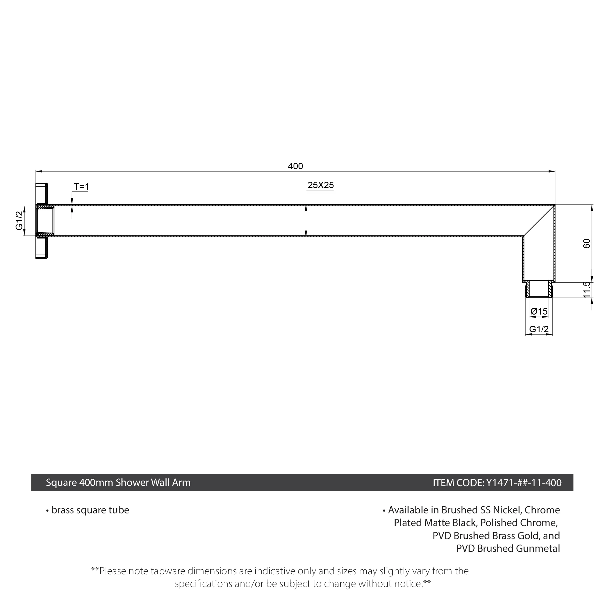 Square 400mm Shower Wall Arm, Polished Chrome - Image 4