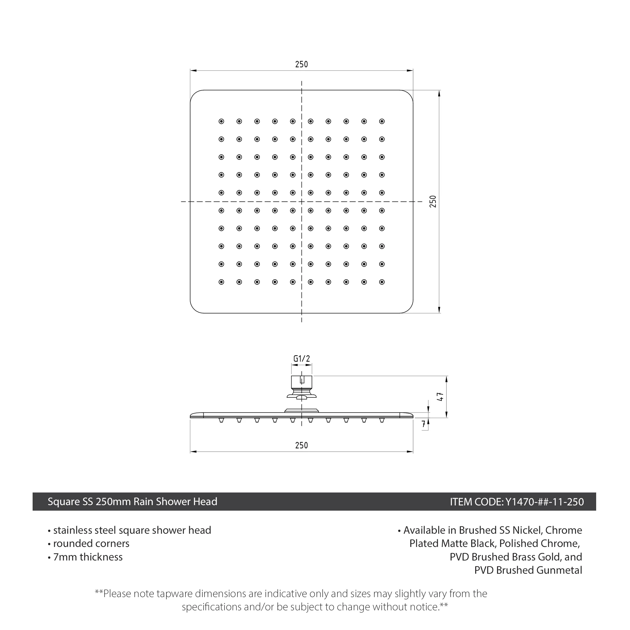 Square SS 250mm Rain Shower Head, Brushed Nickel - Image 4