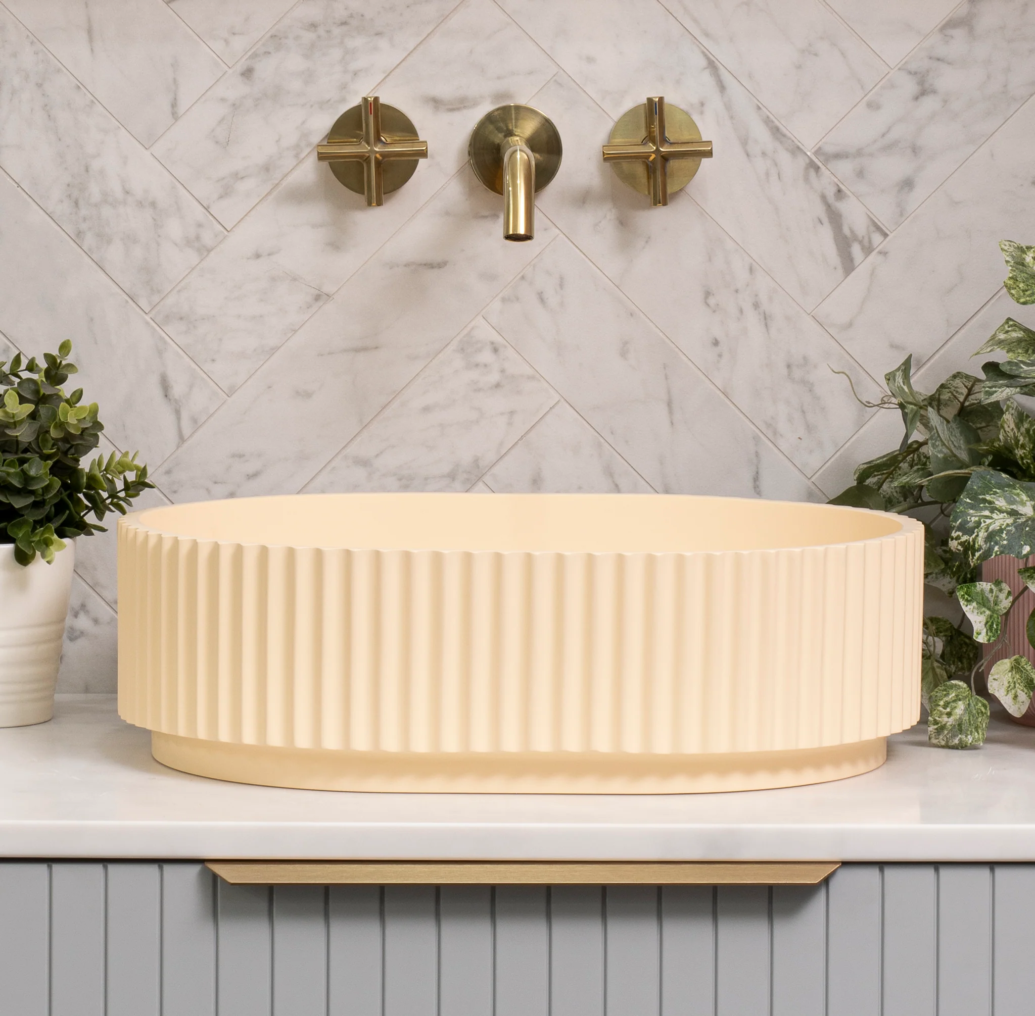 Stadio Groove 480mm Fluted Oval Artificial Stone Above-Counter Basin, Matte Baby Beige