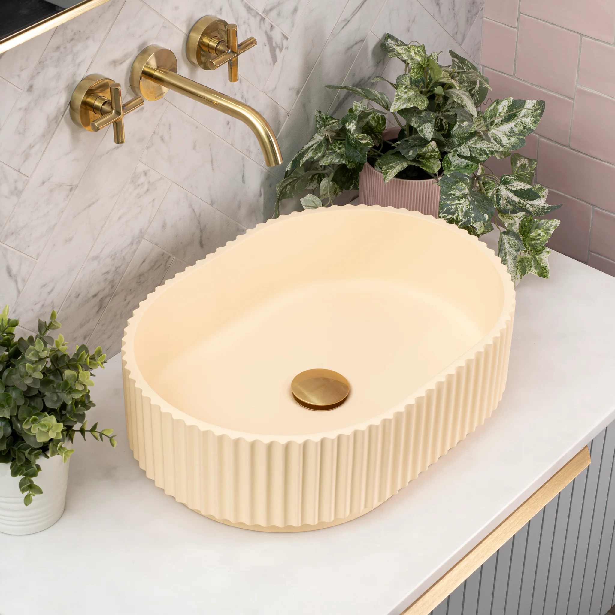 Stadio Groove 480mm Fluted Oval Artificial Stone Above-Counter Basin, Matte Baby Beige - Image 2