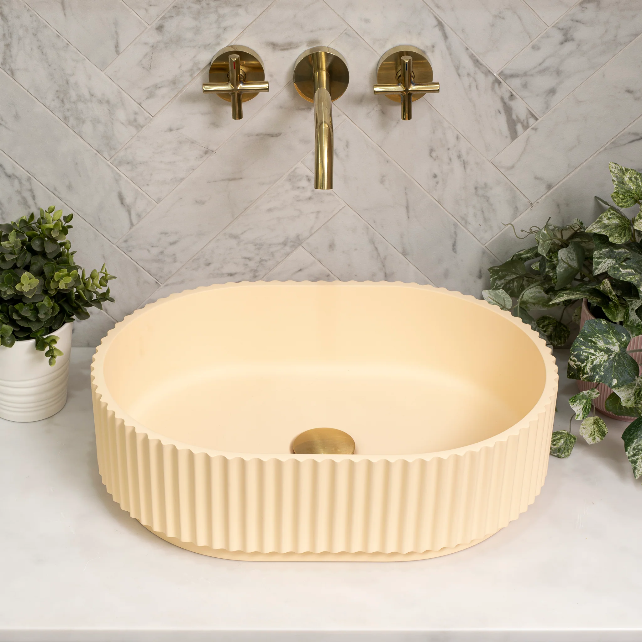 Stadio Groove 480mm Fluted Oval Artificial Stone Above-Counter Basin, Matte Baby Beige - Image 3