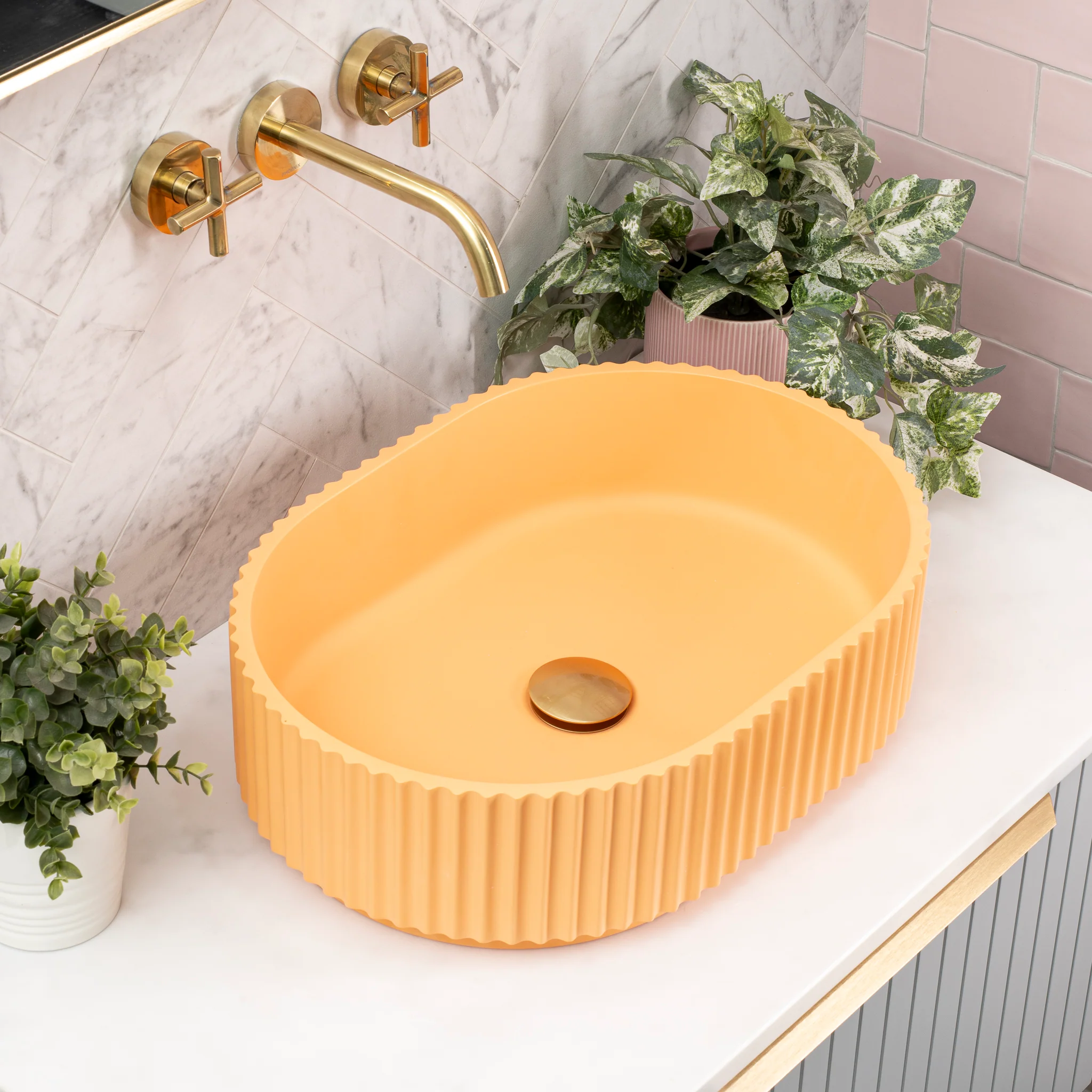 Stadio Groove 480mm Fluted Oval Artificial Stone Above-Counter Basin, Matte Golden Yellow (Orange) - Image 2