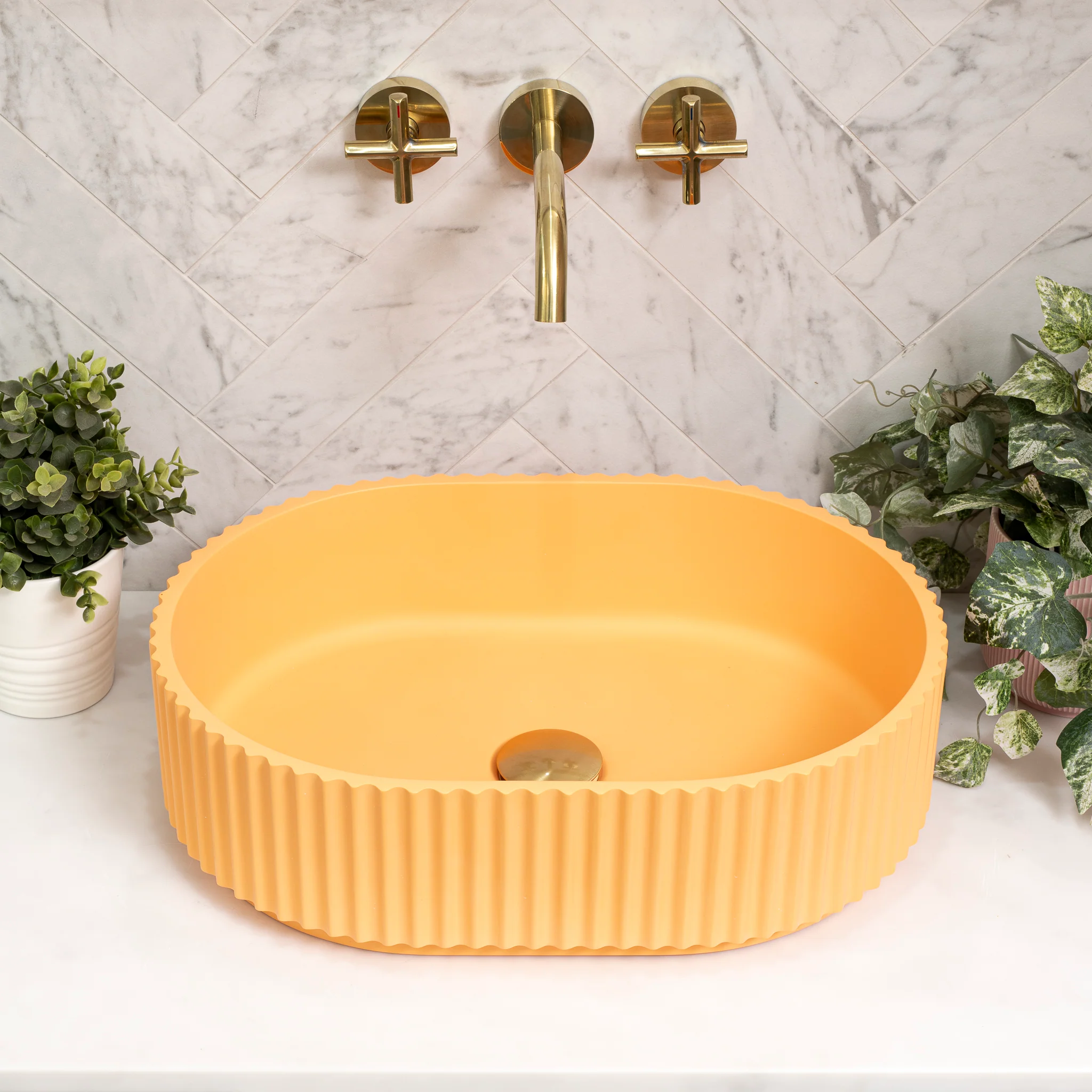 Stadio Groove 480mm Fluted Oval Artificial Stone Above-Counter Basin, Matte Golden Yellow (Orange) - Image 3