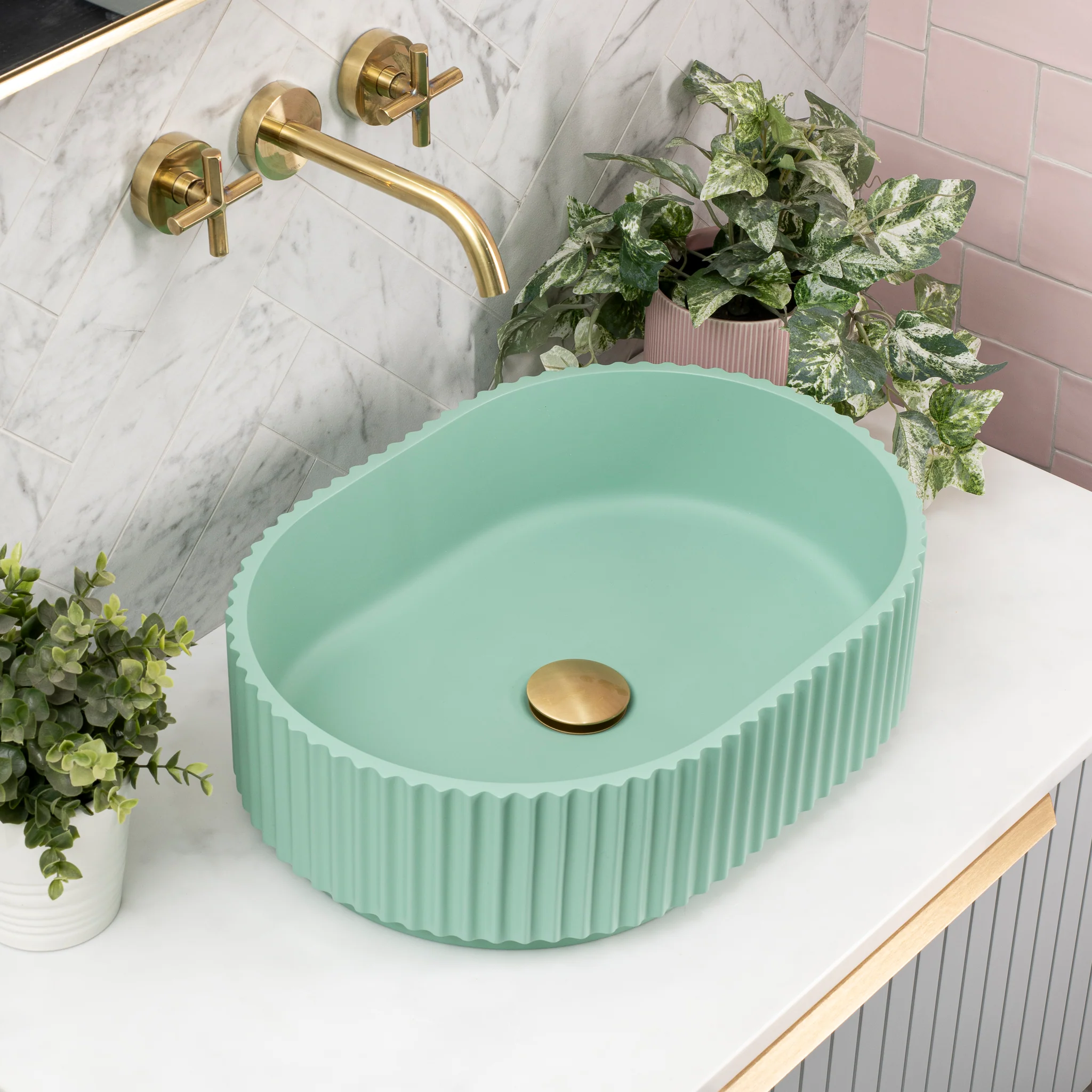 Stadio Groove 480mm Fluted Oval Artificial Stone Above-Counter Basin, Matte Mint Green - Image 2