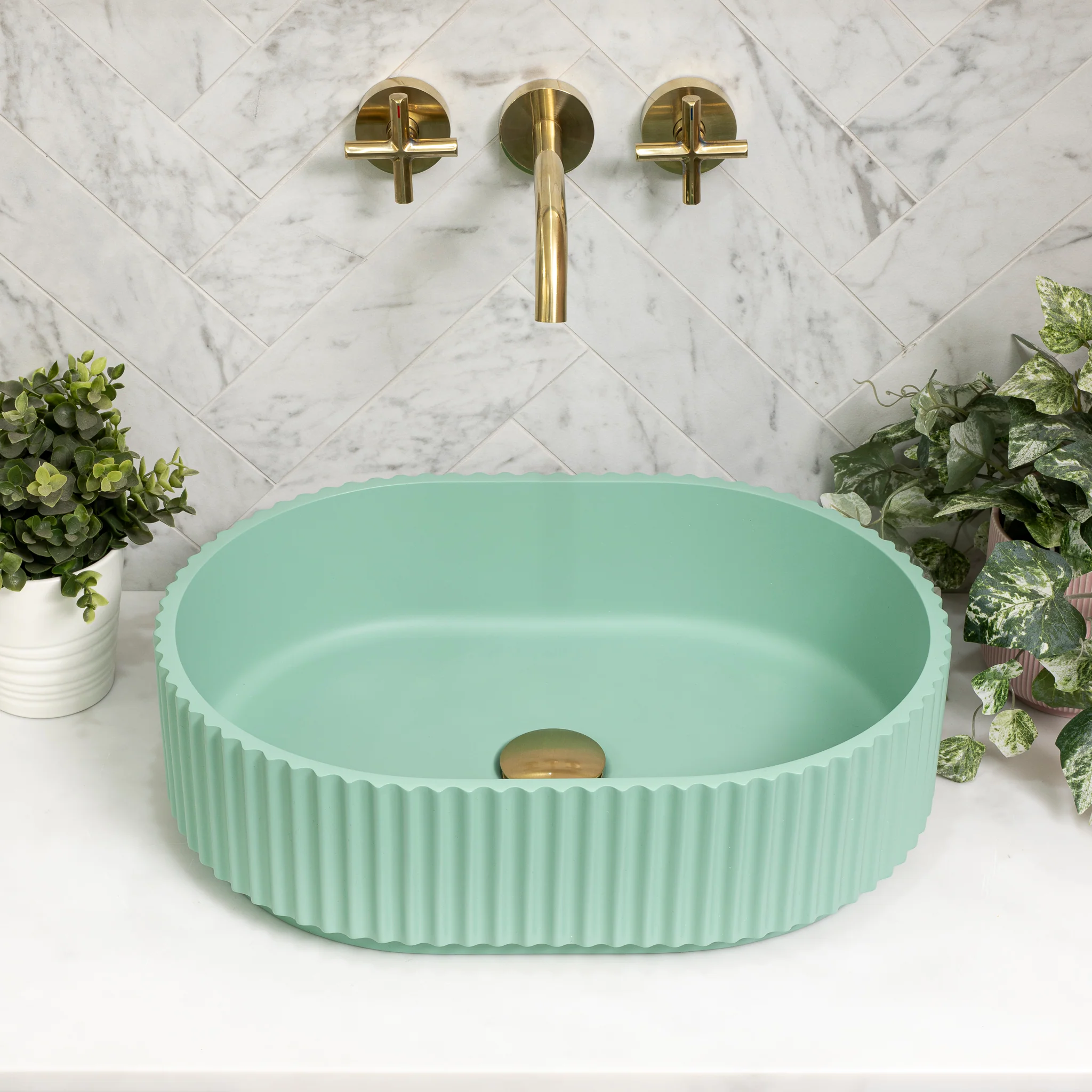 Stadio Groove 480mm Fluted Oval Artificial Stone Above-Counter Basin, Matte Mint Green - Image 3