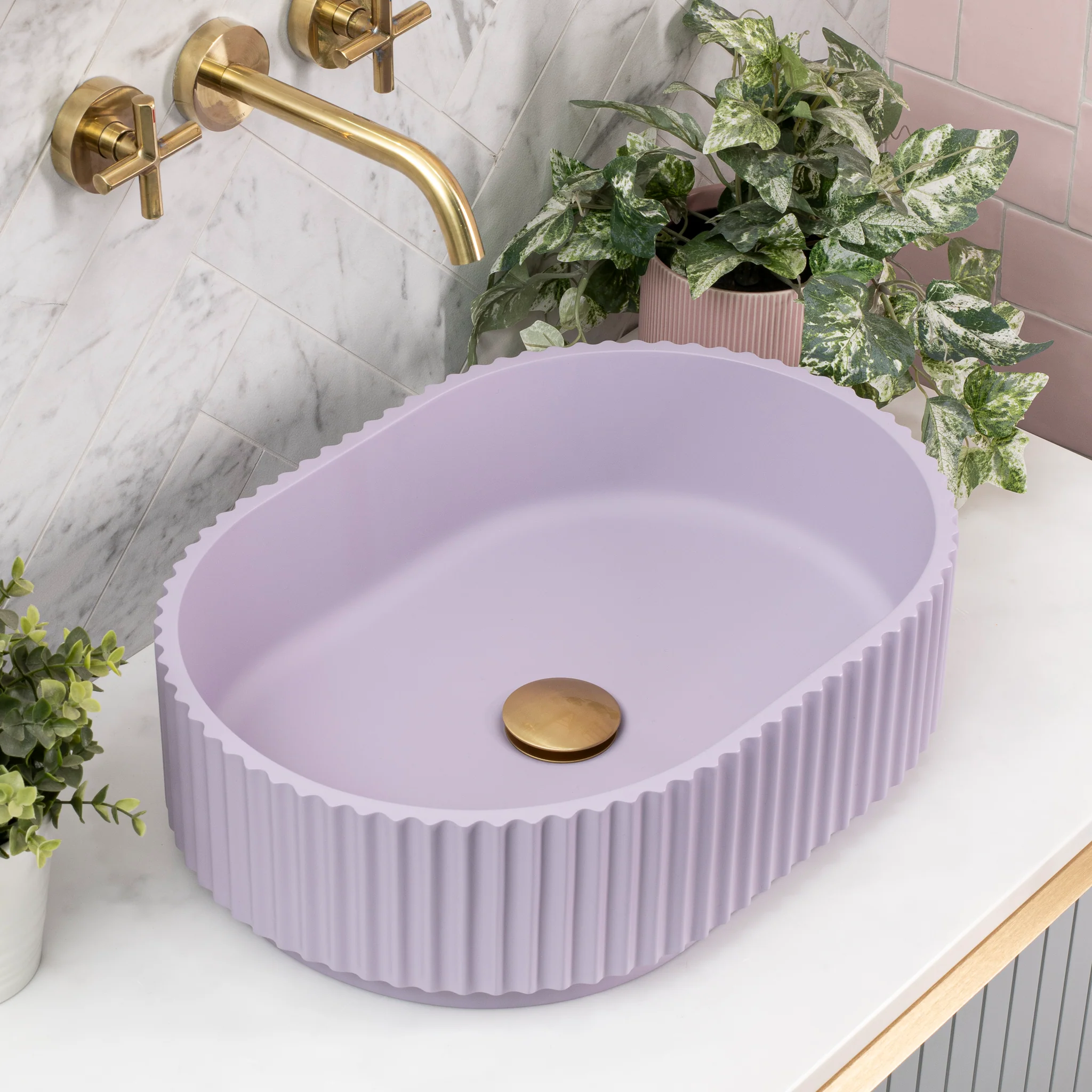 Stadio Groove 480mm Fluted Oval Artificial Stone Above-Counter Basin, Matte Lilac - Image 2