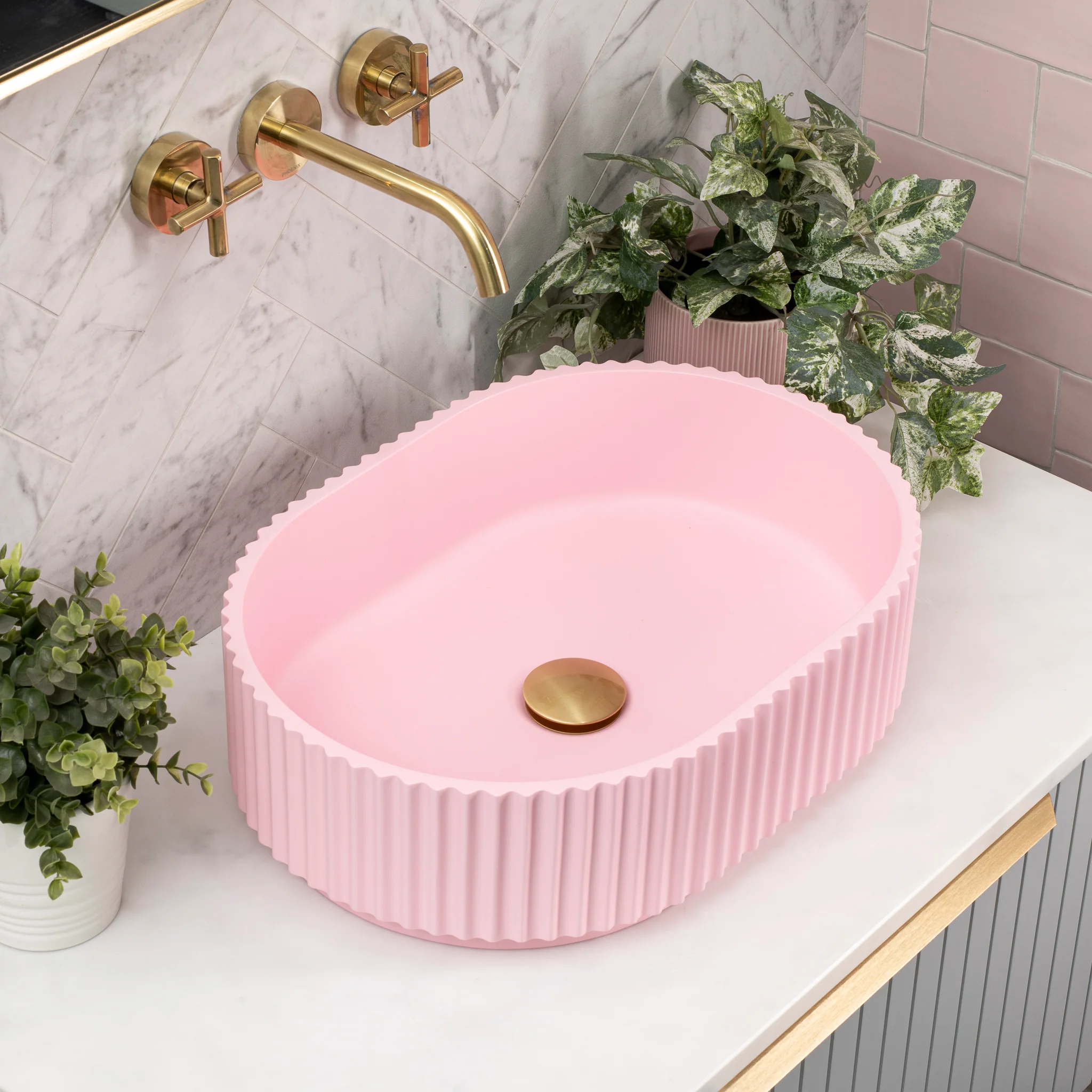 Stadio Groove 480mm Fluted Oval Artificial Stone Above-Counter Basin, Matte Pink - Image 2
