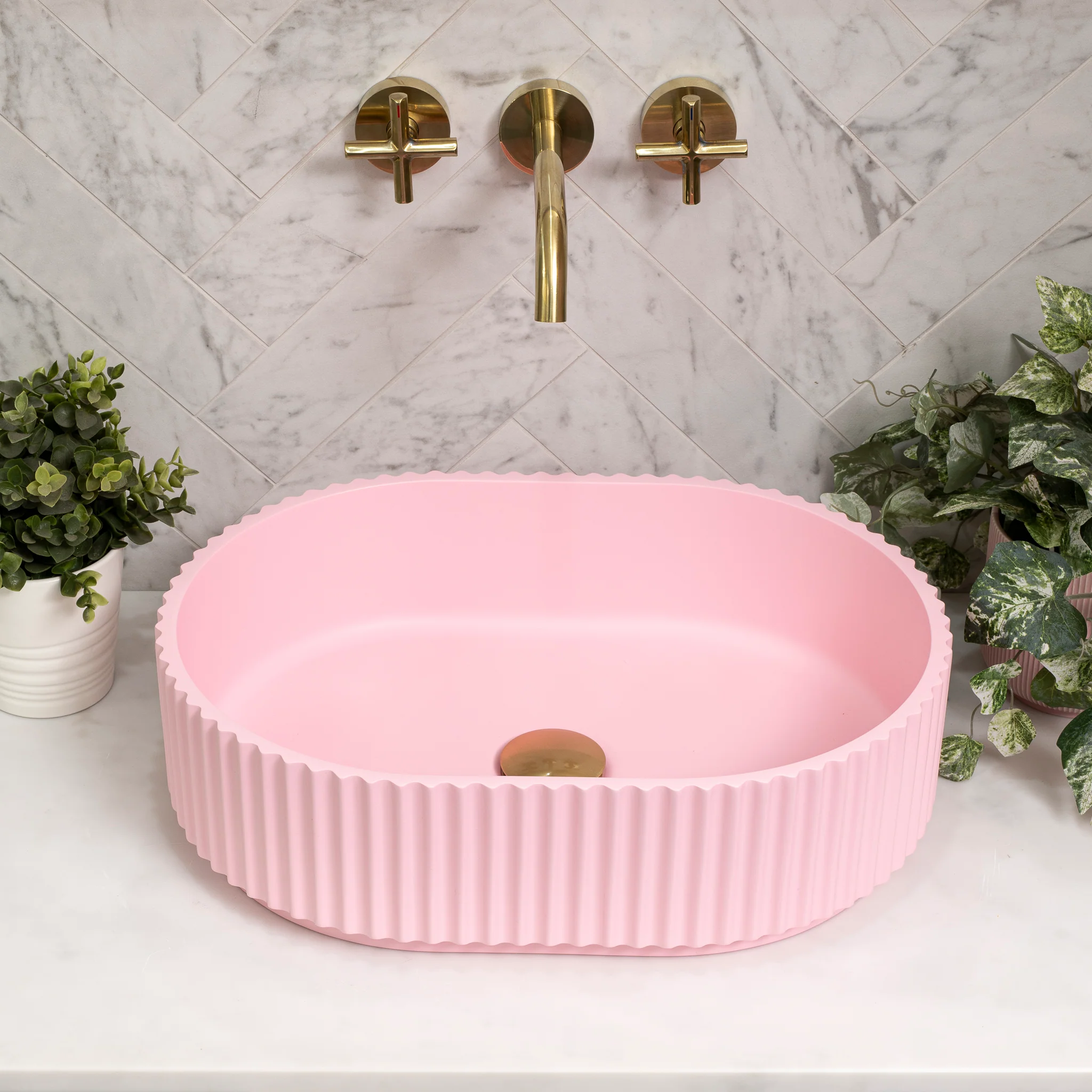 Stadio Groove 480mm Fluted Oval Artificial Stone Above-Counter Basin, Matte Pink - Image 3