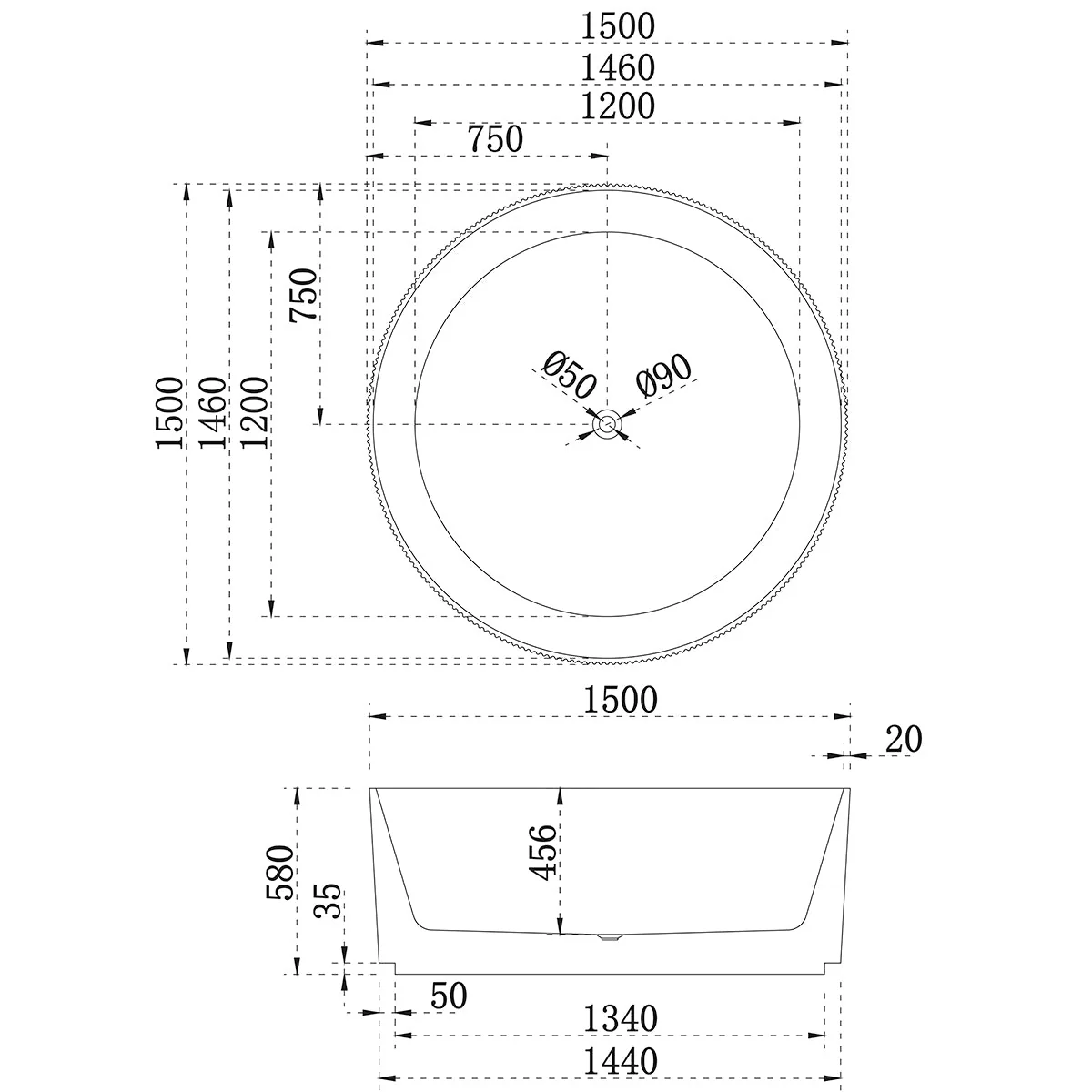 Sunshine Groove 1500mm Fluted Round Freestanding Bath, Gloss White - Image 7