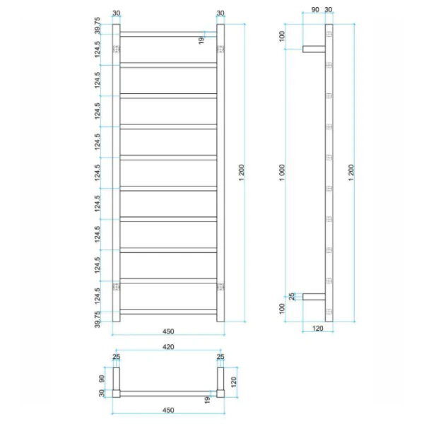 Thermogroup 10 Bar Thermorail Square Heated Towel Ladder 450mm | Polished Stainless | - Image 2