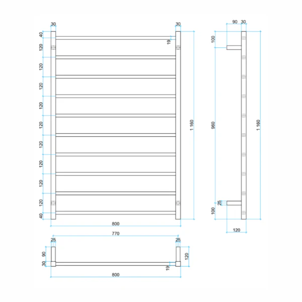 Thermogroup 10 Bar Thermorail Square Heated Towel Ladder 800mm | Polished Stainless | - Image 2