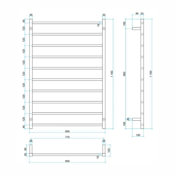 Thermogroup 10 Bar Thermorail Square Heated Towel Ladder 800mm | Matte Black | - Image 2