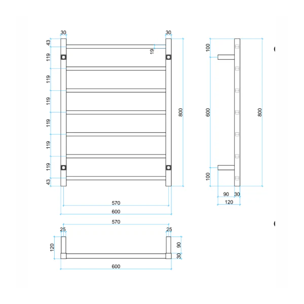 Thermogroup 12V Straight Round Ladder Heated Towel Rail 600mm | Matte Black | - Image 2