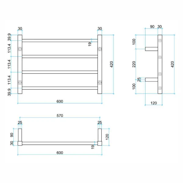 Thermogroup 4 Bar Thermorail Square Heated Towel Ladder 600mm | Polished Stainless | - Image 2