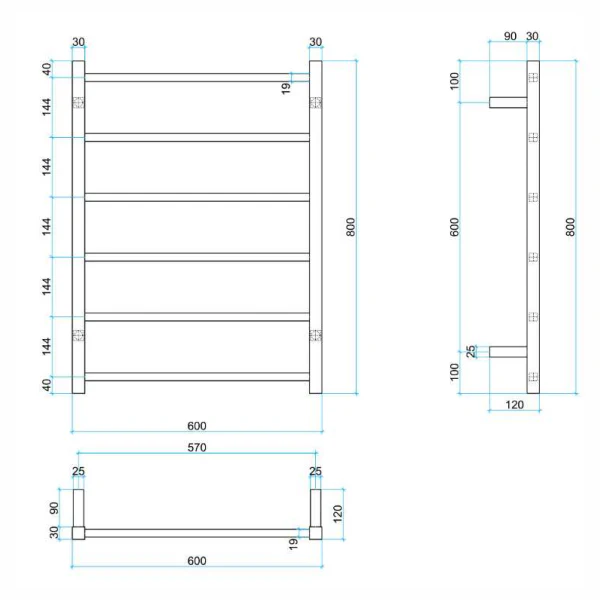 Thermogroup 6 Bar Thermorail Square Heated Towel Ladder 600mm | Matte Black | - Image 2