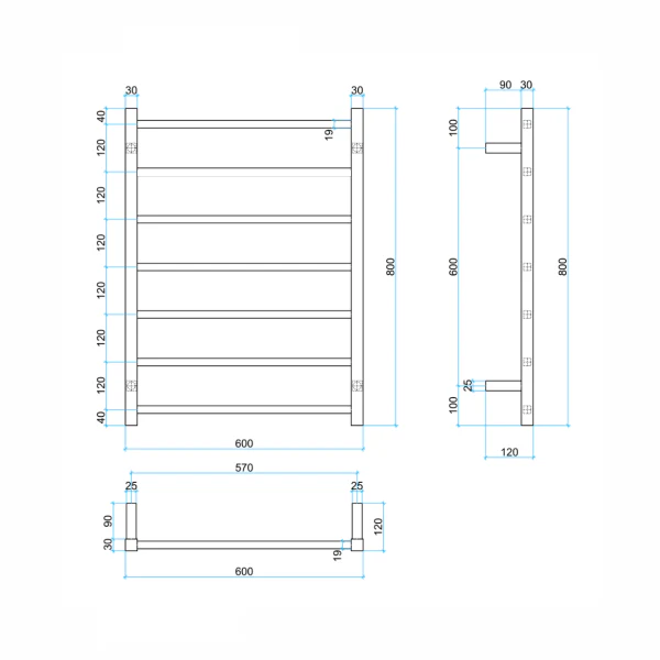 Thermogroup 7 Bar Thermorail Square Heated Towel Ladder 600mm | Brushed Stainless | - Image 2