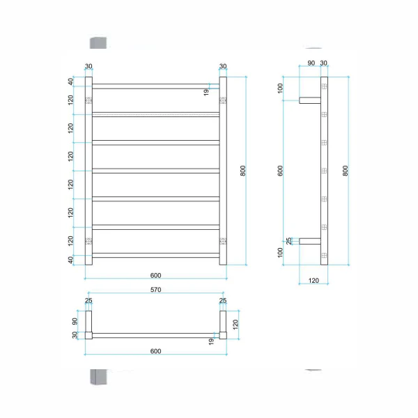 Thermogroup 7 Bar Thermorail Square Heated Towel Ladder 600mm | Polished Stainless | - Image 2
