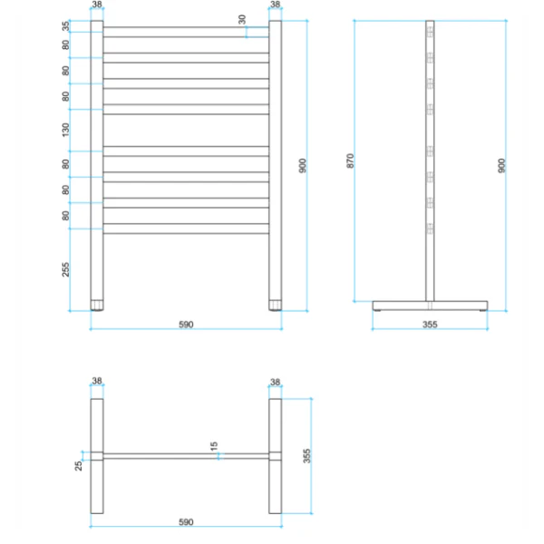 Thermogroup 8 Bar Thermorail Straight Flat Square Free-Standing Heated Towel Rail 590mm | Polished Stainless | - Image 2