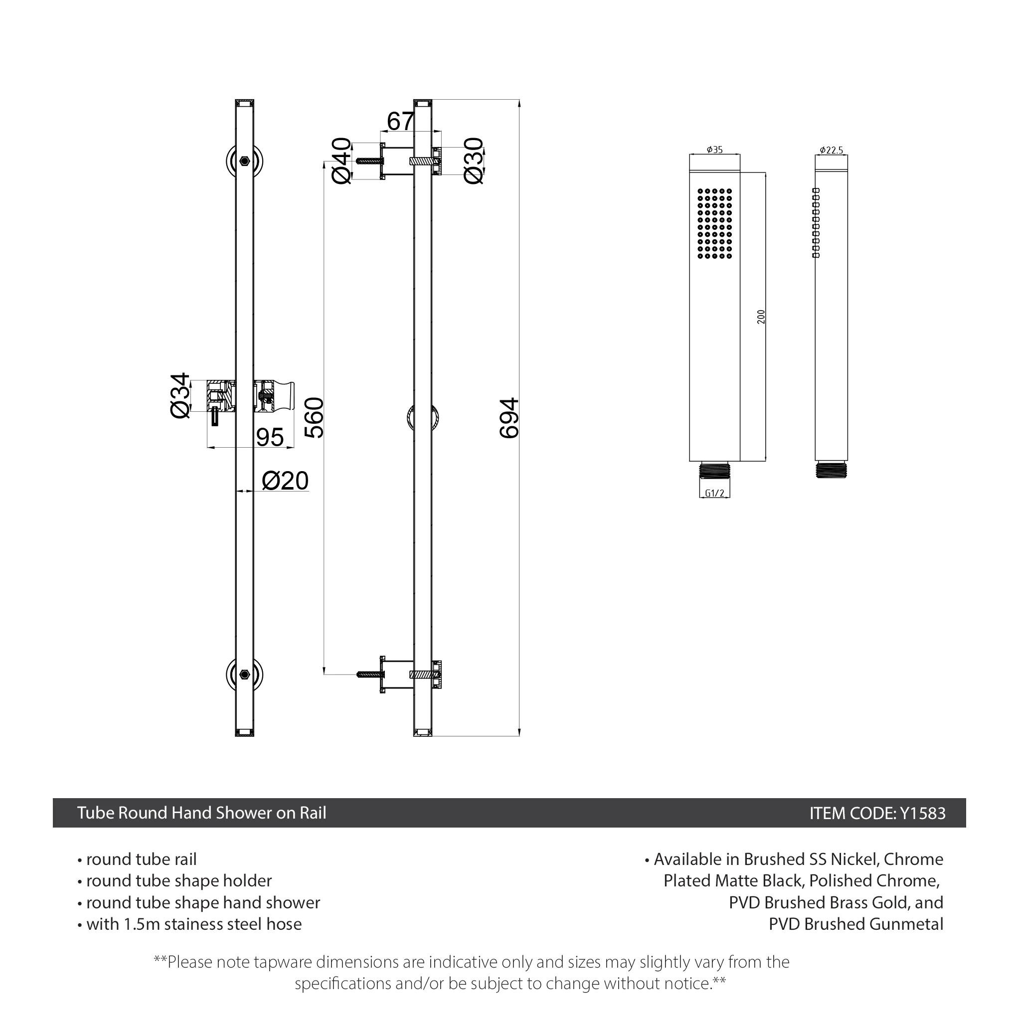 Tube Round Hand Shower on Rail, Polished Chrome - Image 6
