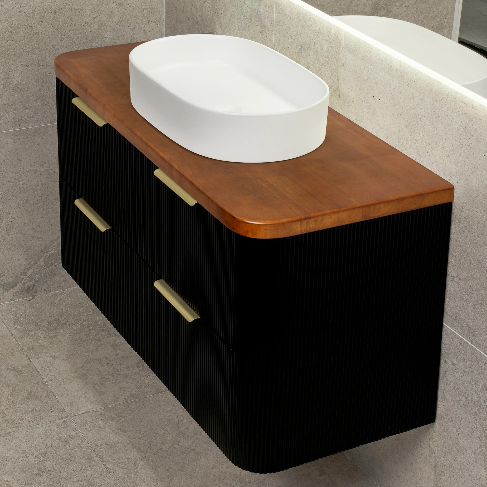 *Clearance* Tura Groove 1200mm Curved Wall Hung Vanity Cabinet, Matte Black - Image 3