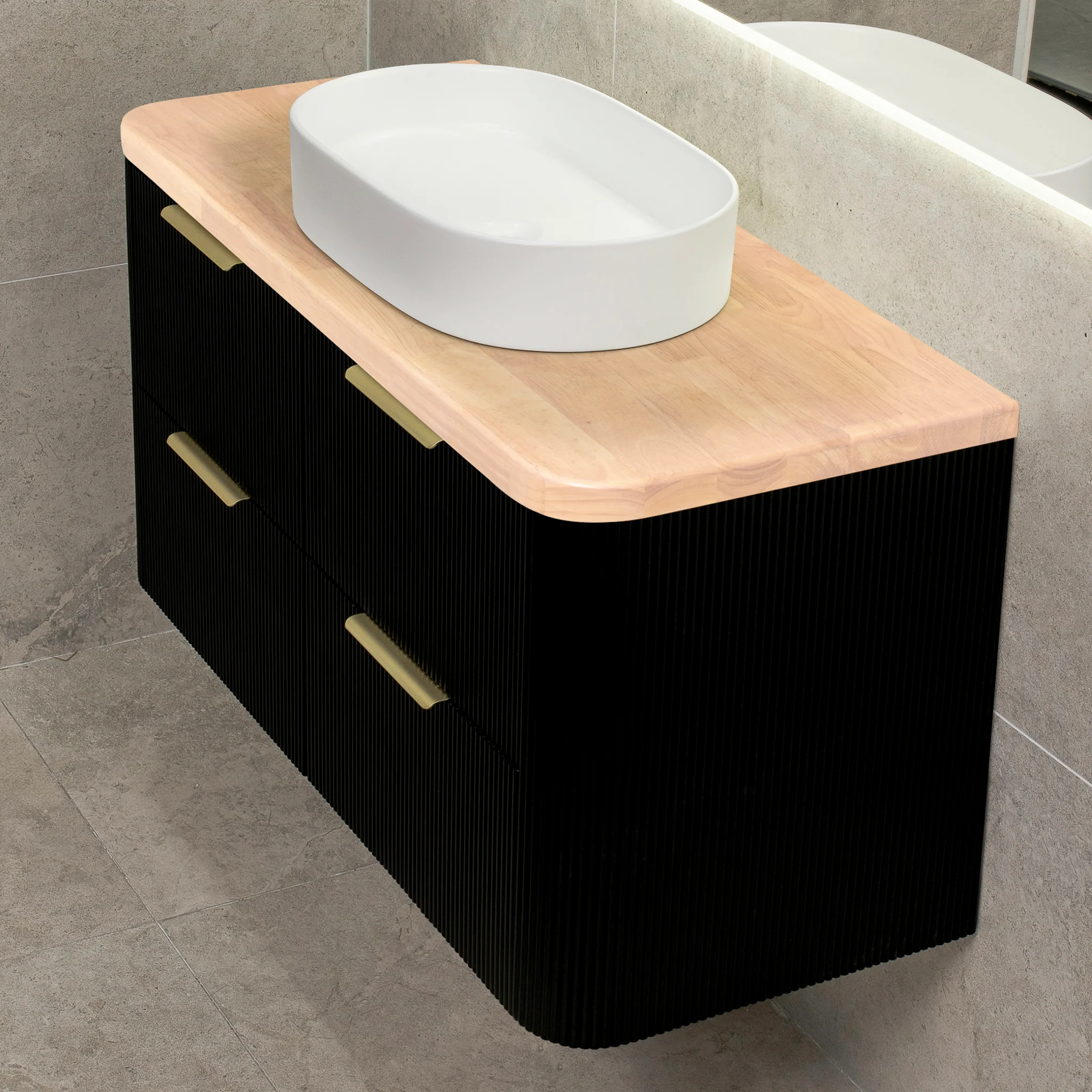 *Clearance* Tura Groove 1200mm Curved Wall Hung Vanity Cabinet, Matte Black - Image 4
