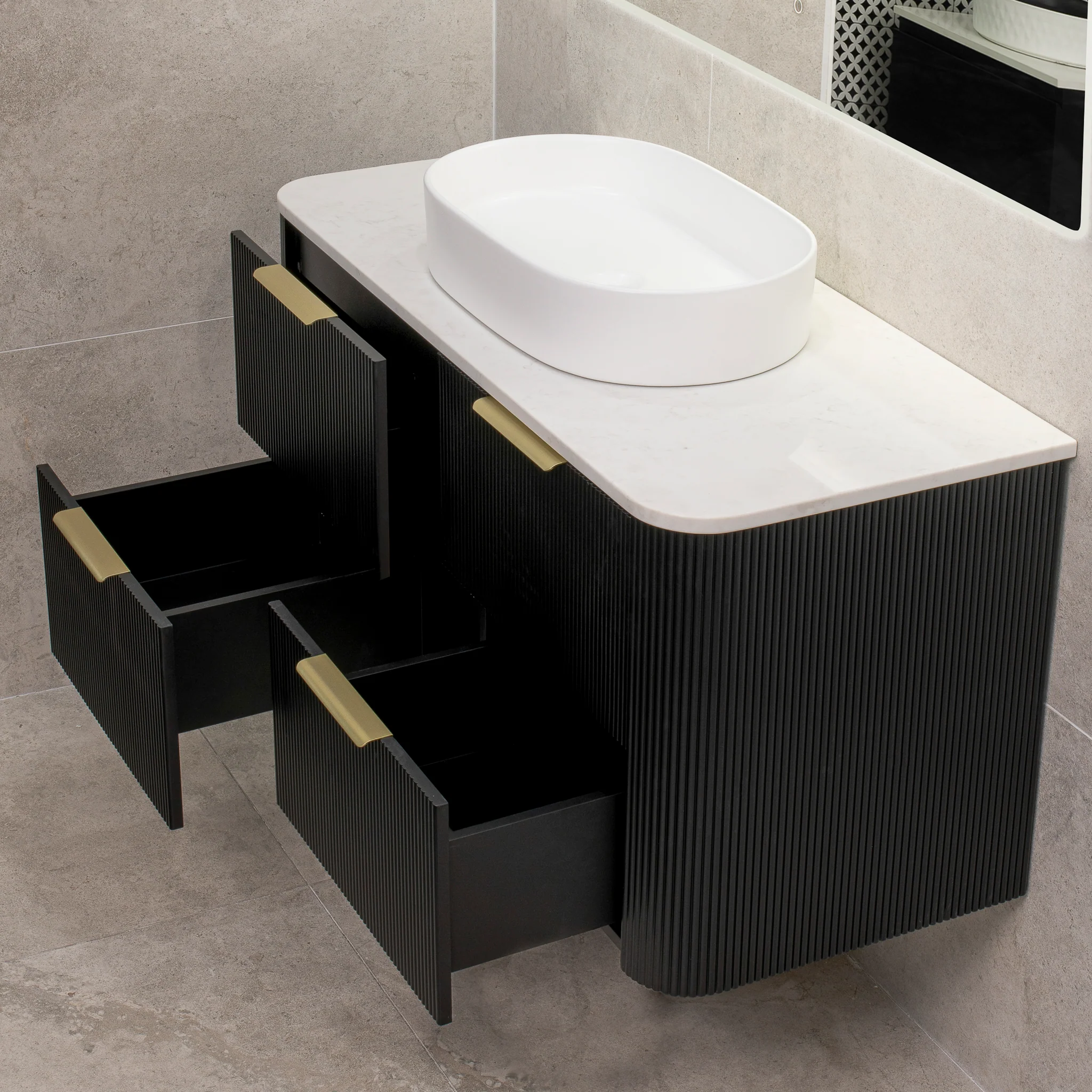 *Clearance* Tura Groove 1200mm Curved Wall Hung Vanity Cabinet, Matte Black - Image 5