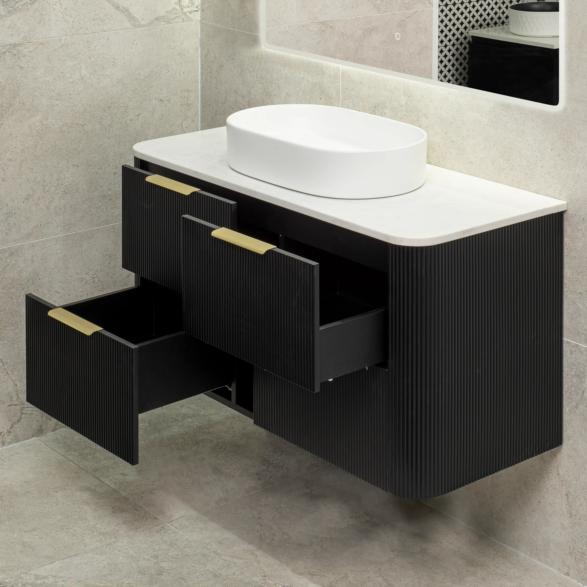 *Clearance* Tura Groove 1200mm Curved Wall Hung Vanity Cabinet, Matte Black - Image 9