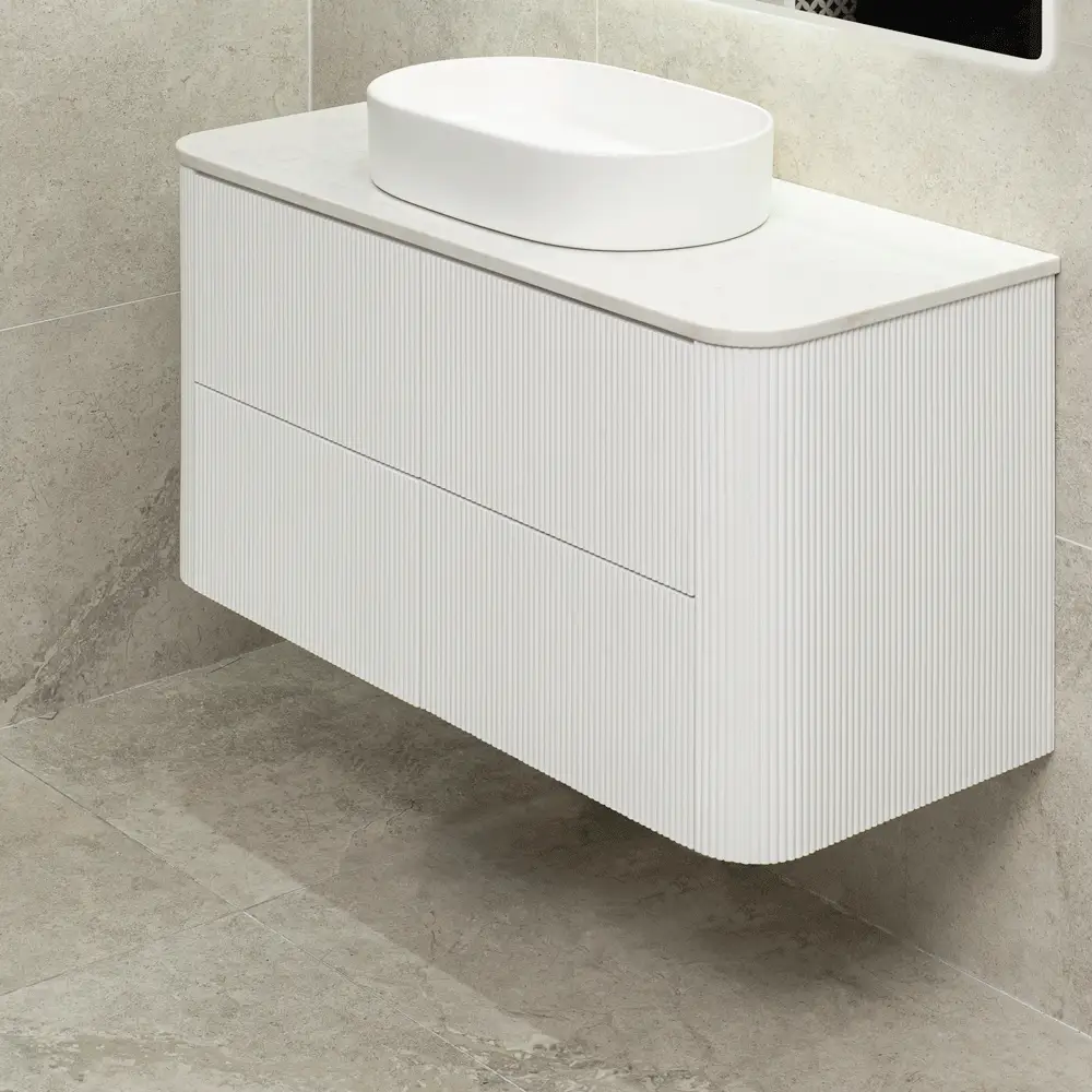 *Clearance* Tura Groove 1200mm Curved Wall Hung Vanity Cabinet, Matte White - Image 2