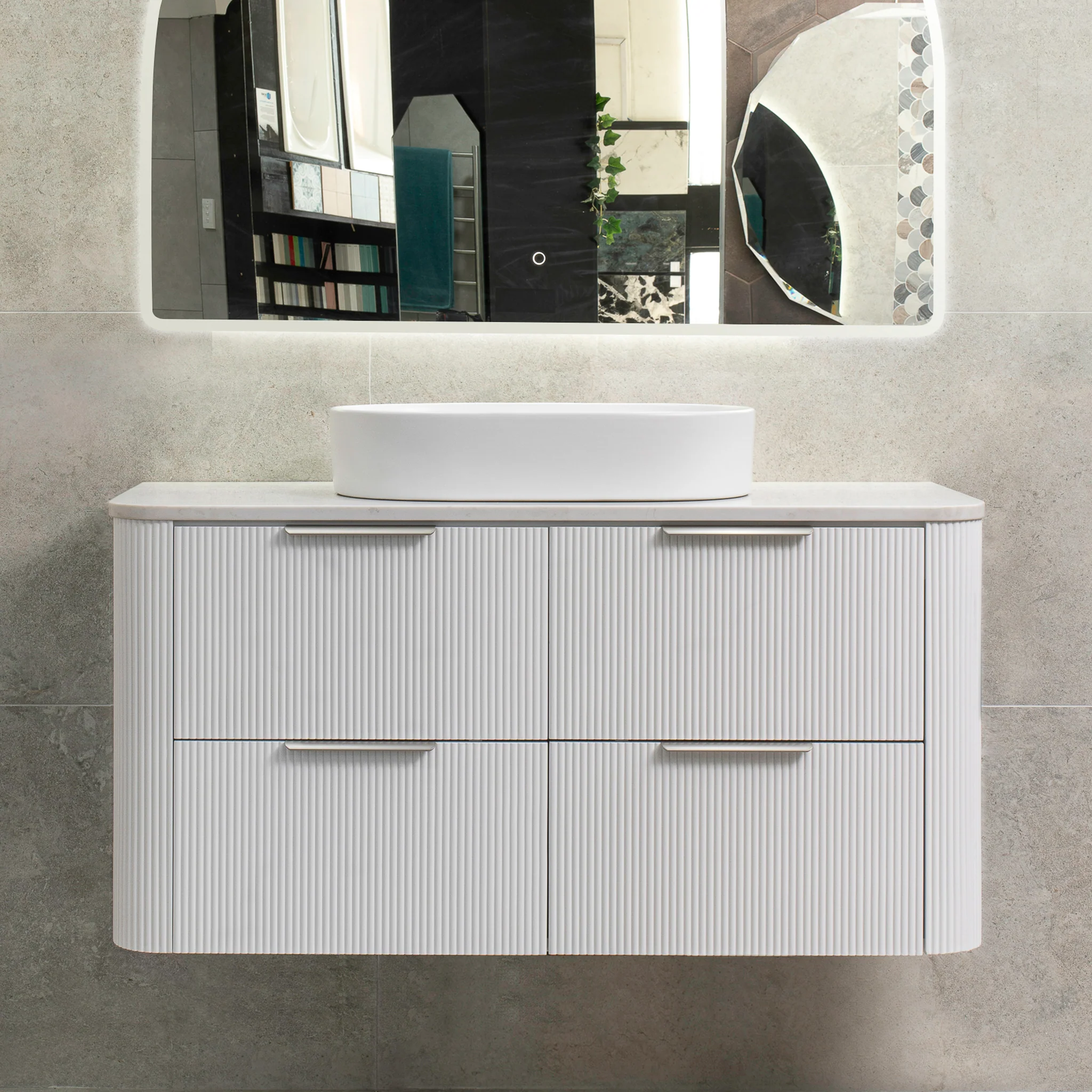 *Clearance* Tura Groove 1200mm Curved Wall Hung Vanity Cabinet, Matte White - Image 8
