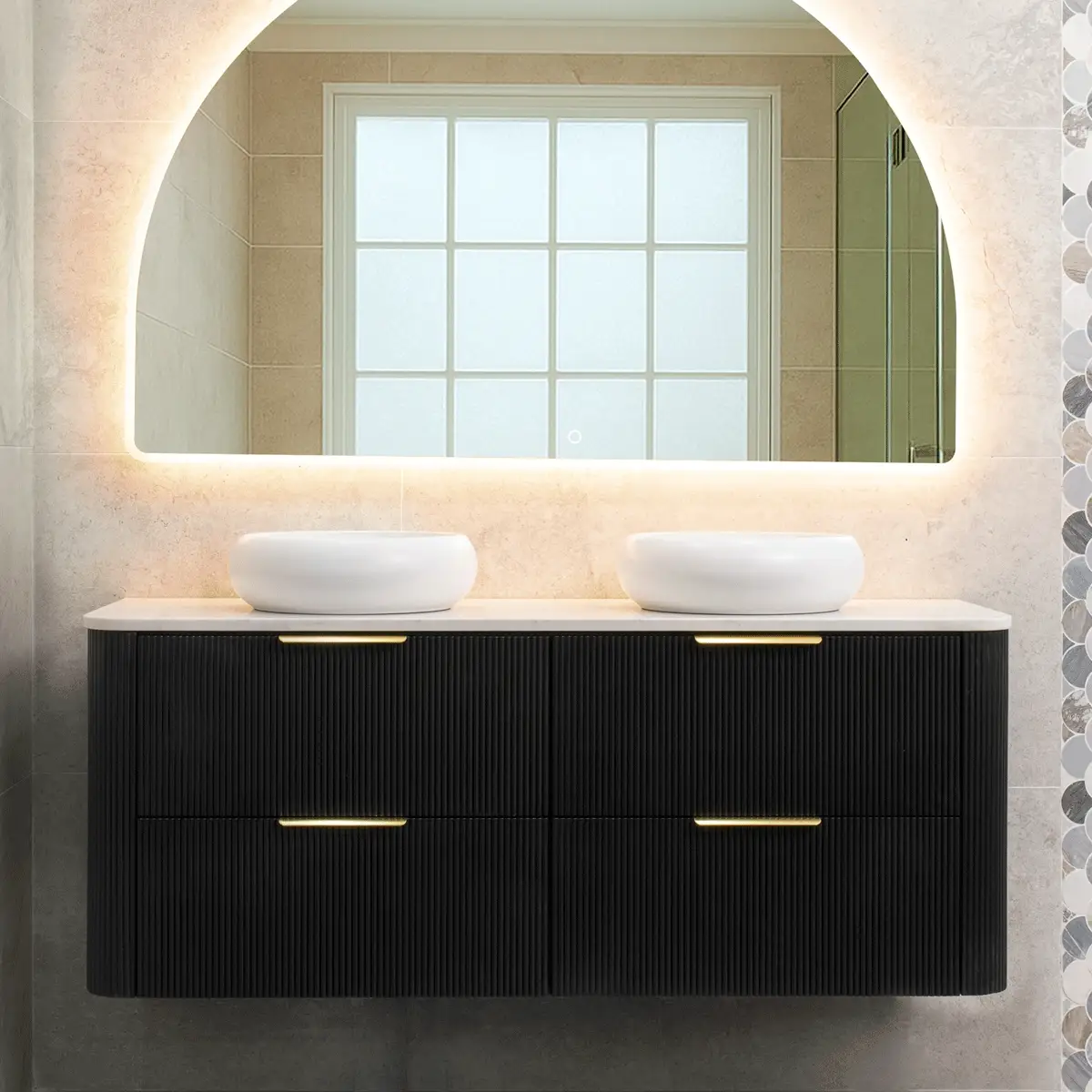 *Clearance* Tura Groove 1500mm Curved Wall Hung Vanity Cabinet, Matte Black