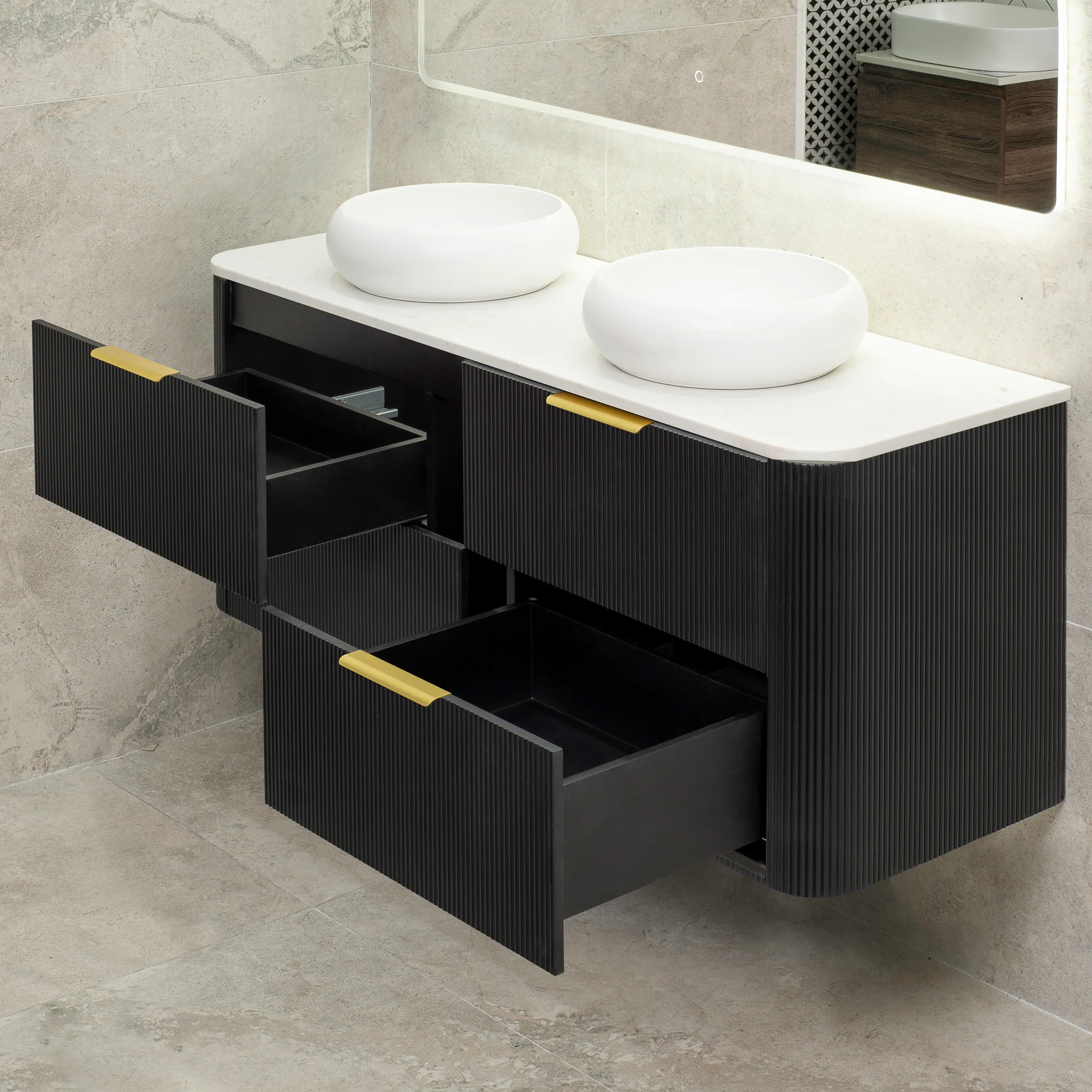 *Clearance* Tura Groove 1500mm Curved Wall Hung Vanity Cabinet, Matte Black - Image 4