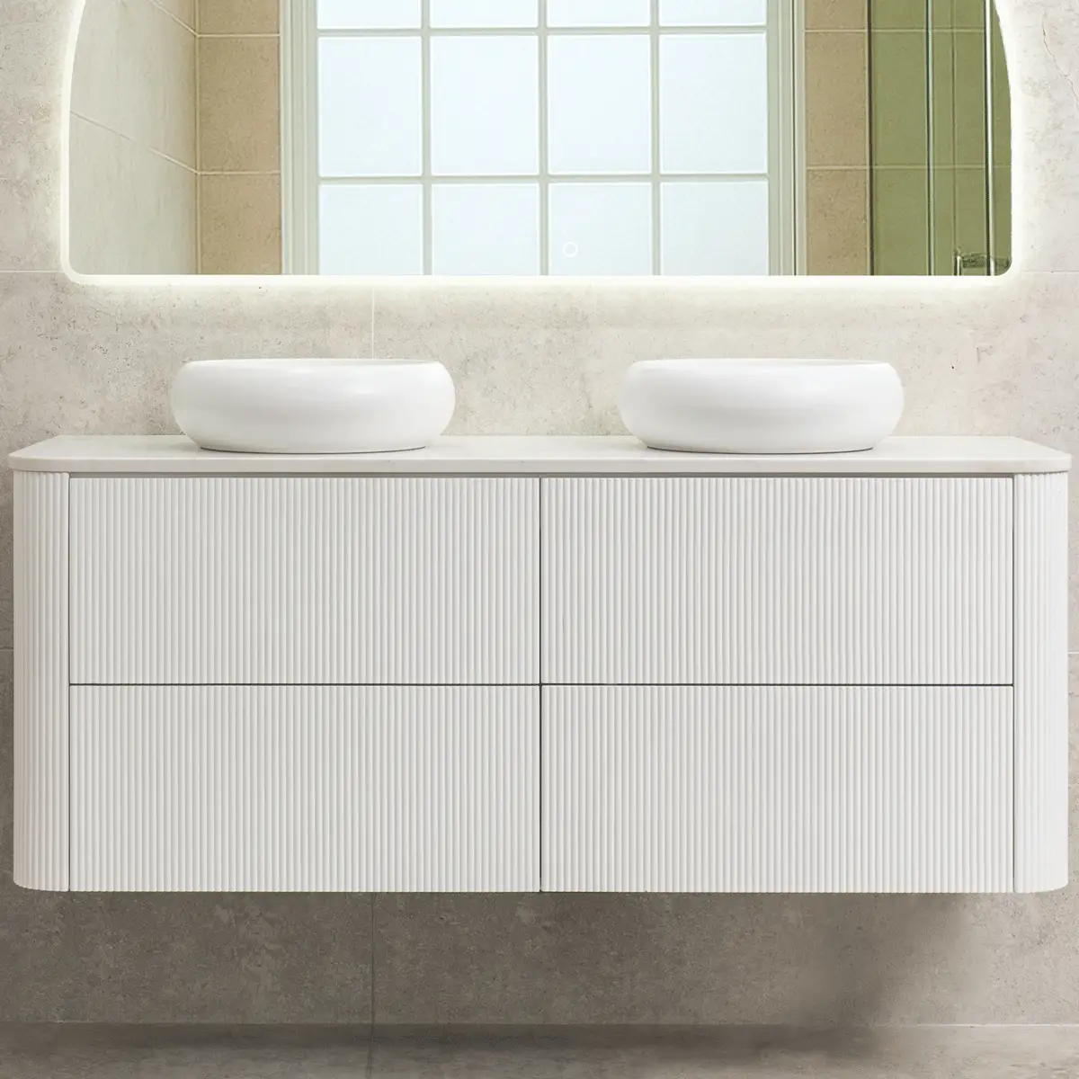 *Clearance* Tura Groove 1500mm Curved Wall Hung Vanity Cabinet, Matte White - Image 2