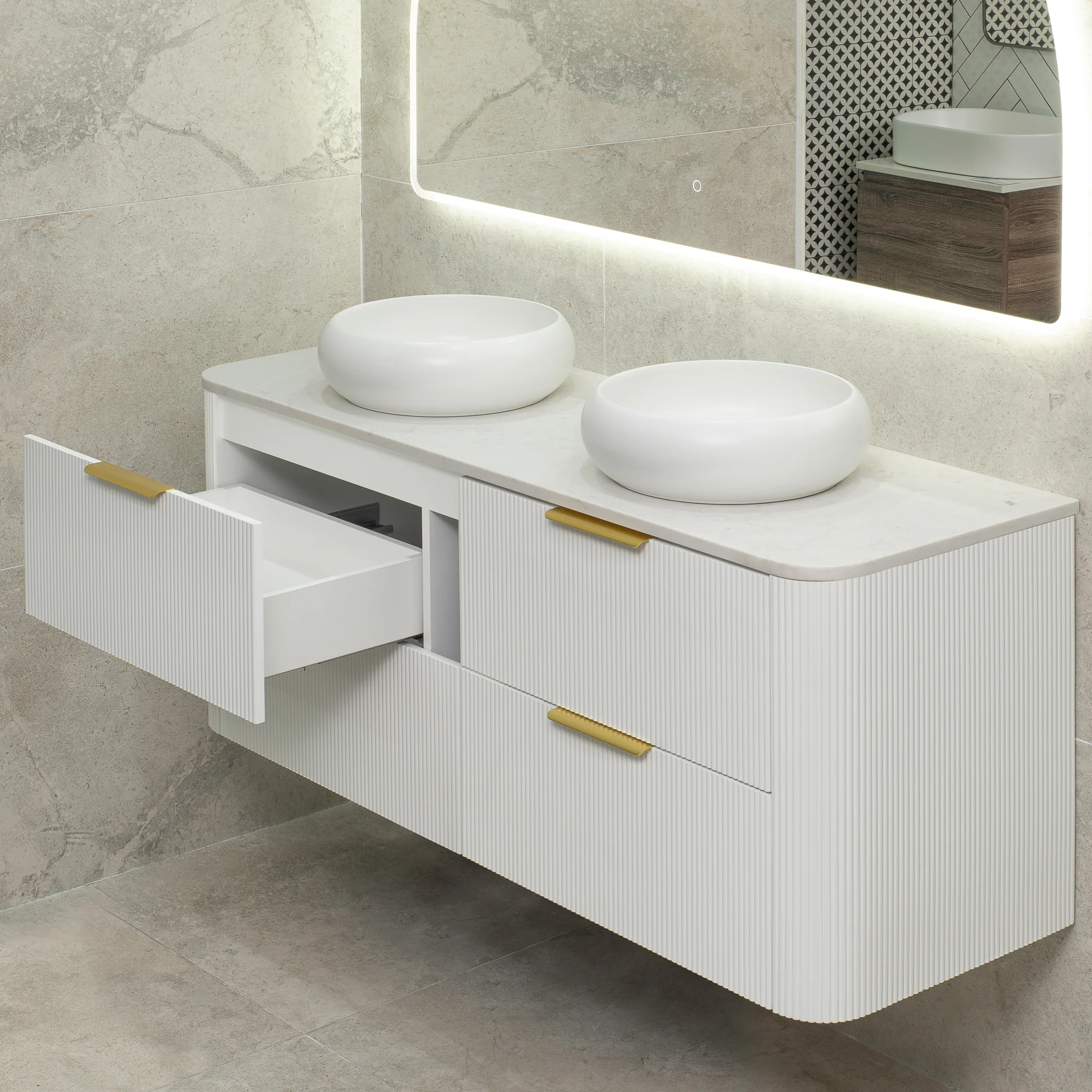 *Clearance* Tura Groove 1500mm Curved Wall Hung Vanity Cabinet, Matte White - Image 3