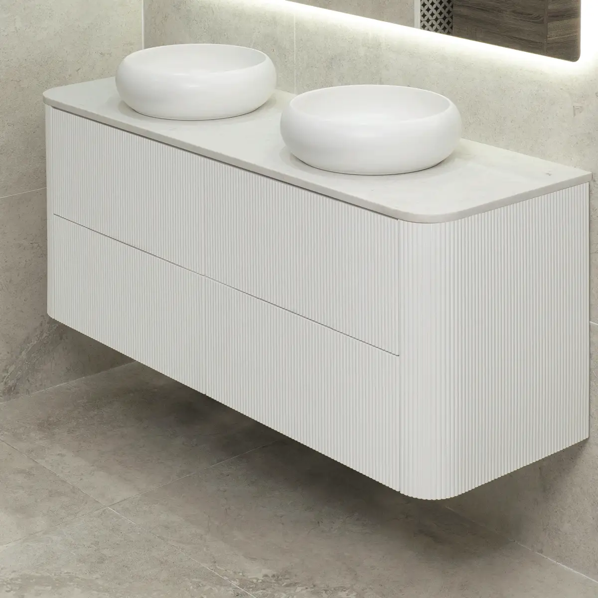 *Clearance* Tura Groove 1500mm Curved Wall Hung Vanity Cabinet, Matte White - Image 4