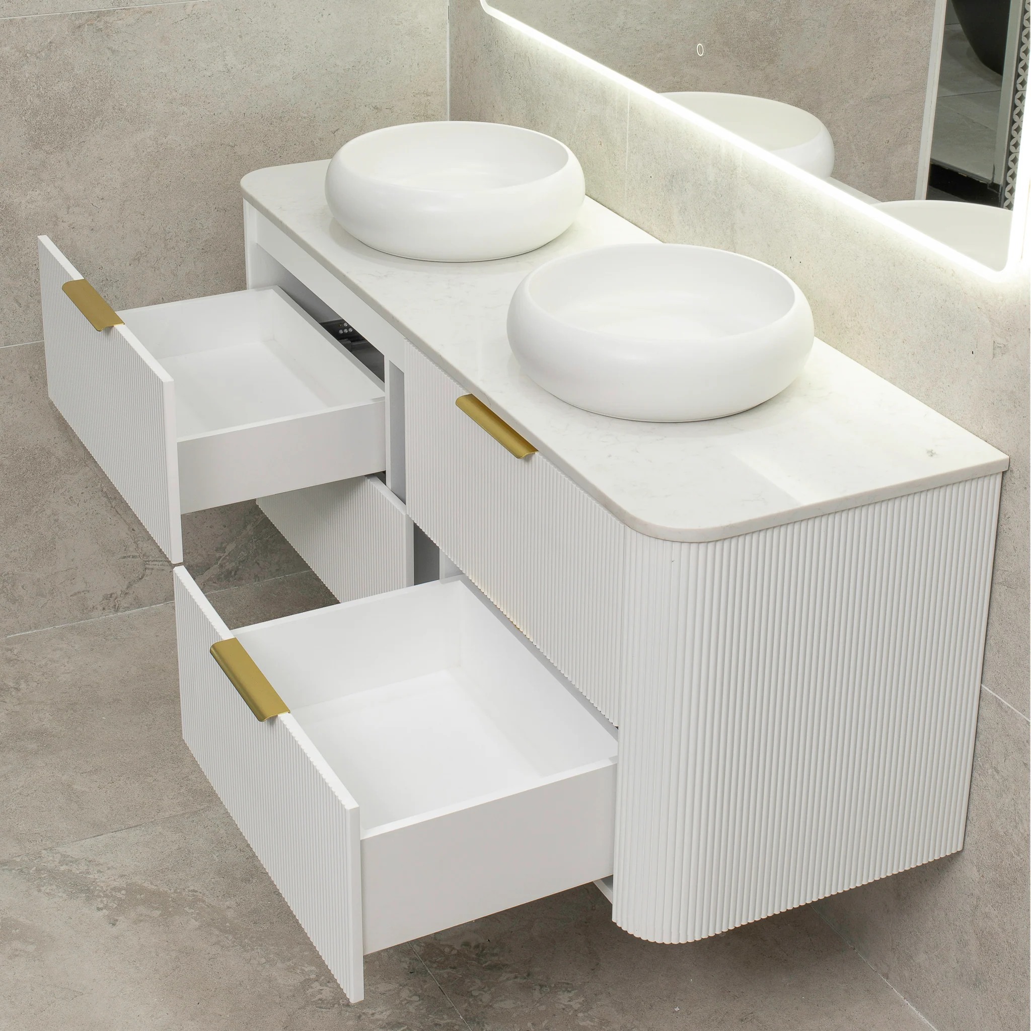 *Clearance* Tura Groove 1500mm Curved Wall Hung Vanity Cabinet, Matte White - Image 5