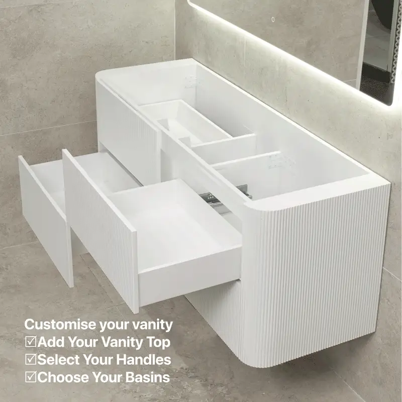 *Clearance* Tura Groove 1500mm Curved Wall Hung Vanity Cabinet, Matte White - Image 6