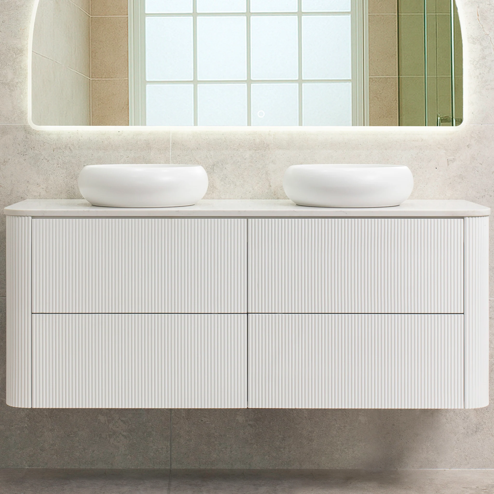 *Clearance* Tura Groove 1500mm Curved Wall Hung Vanity Cabinet, Matte White - Image 7